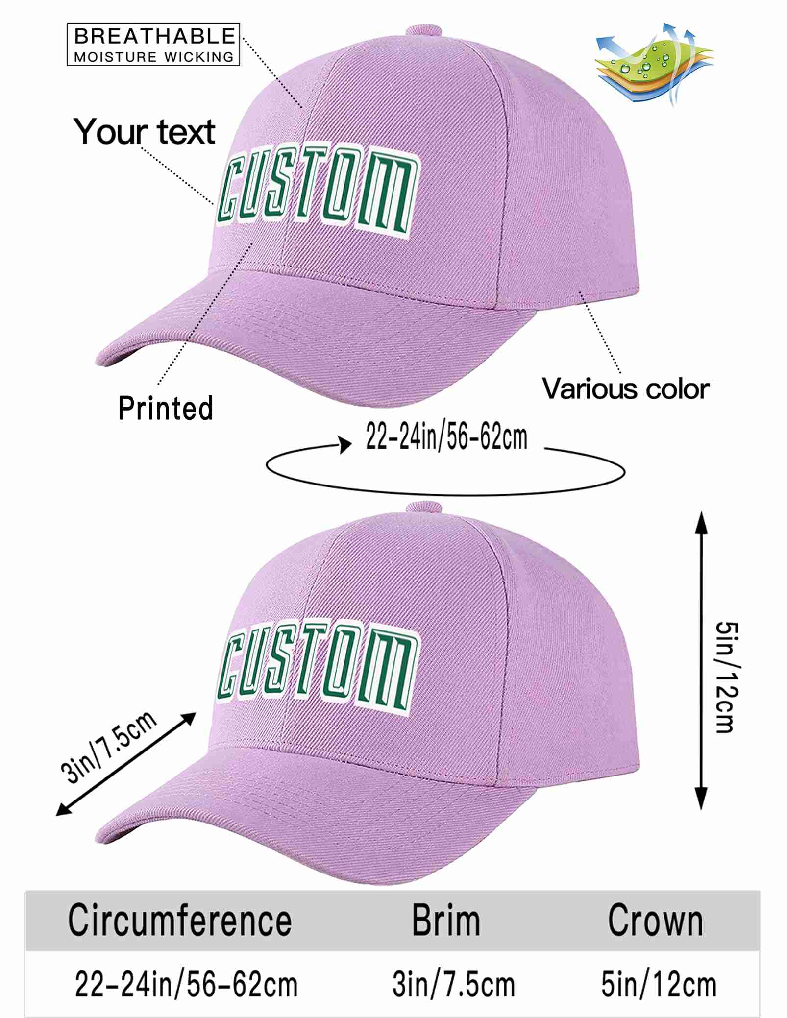 Custom Light Purple Kelly Green-White Curved Eaves Sport Baseball Cap Design for Men/Women/Youth