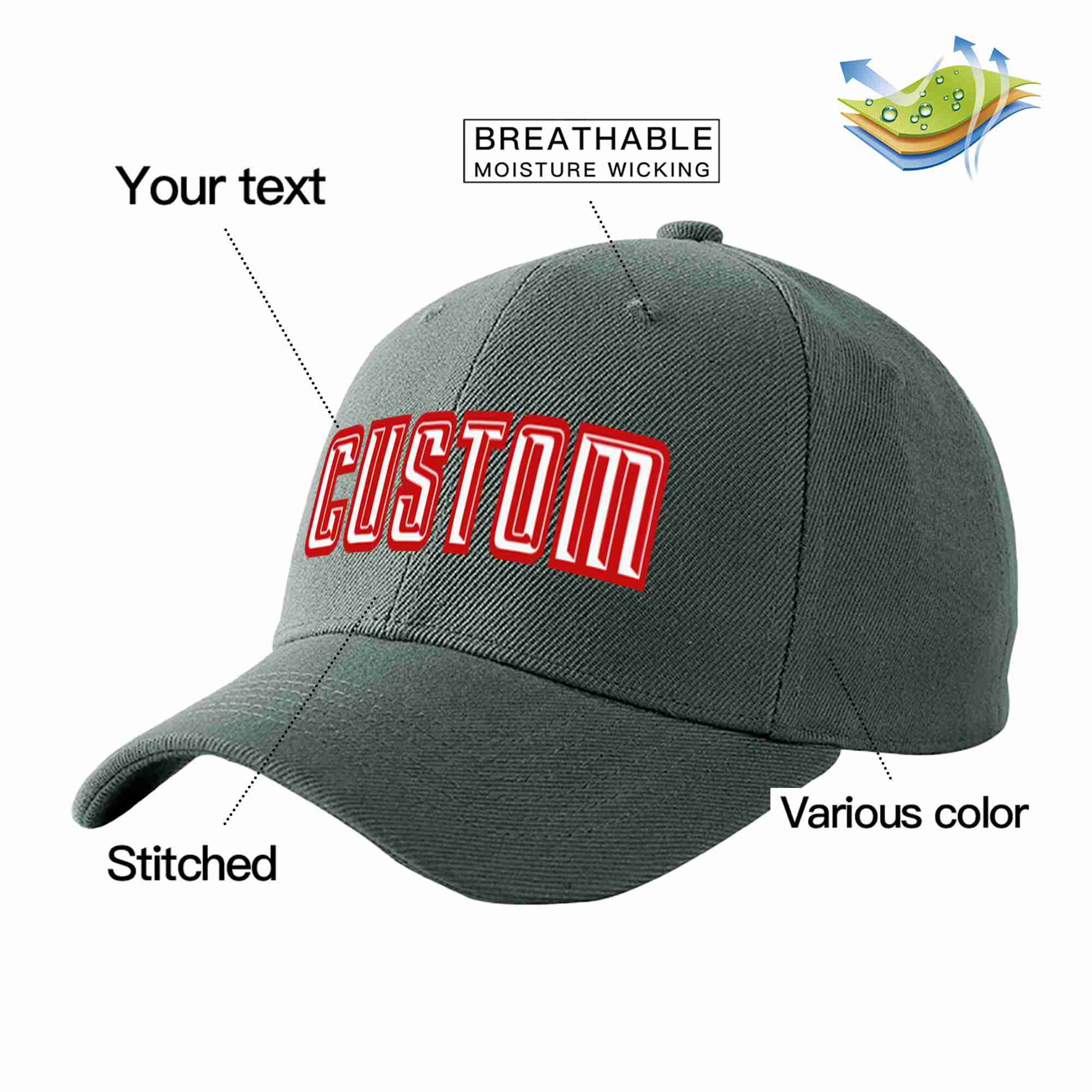 Custom Dark Gray White-Red Curved Eaves Sport Baseball Cap Design for Men/Women/Youth