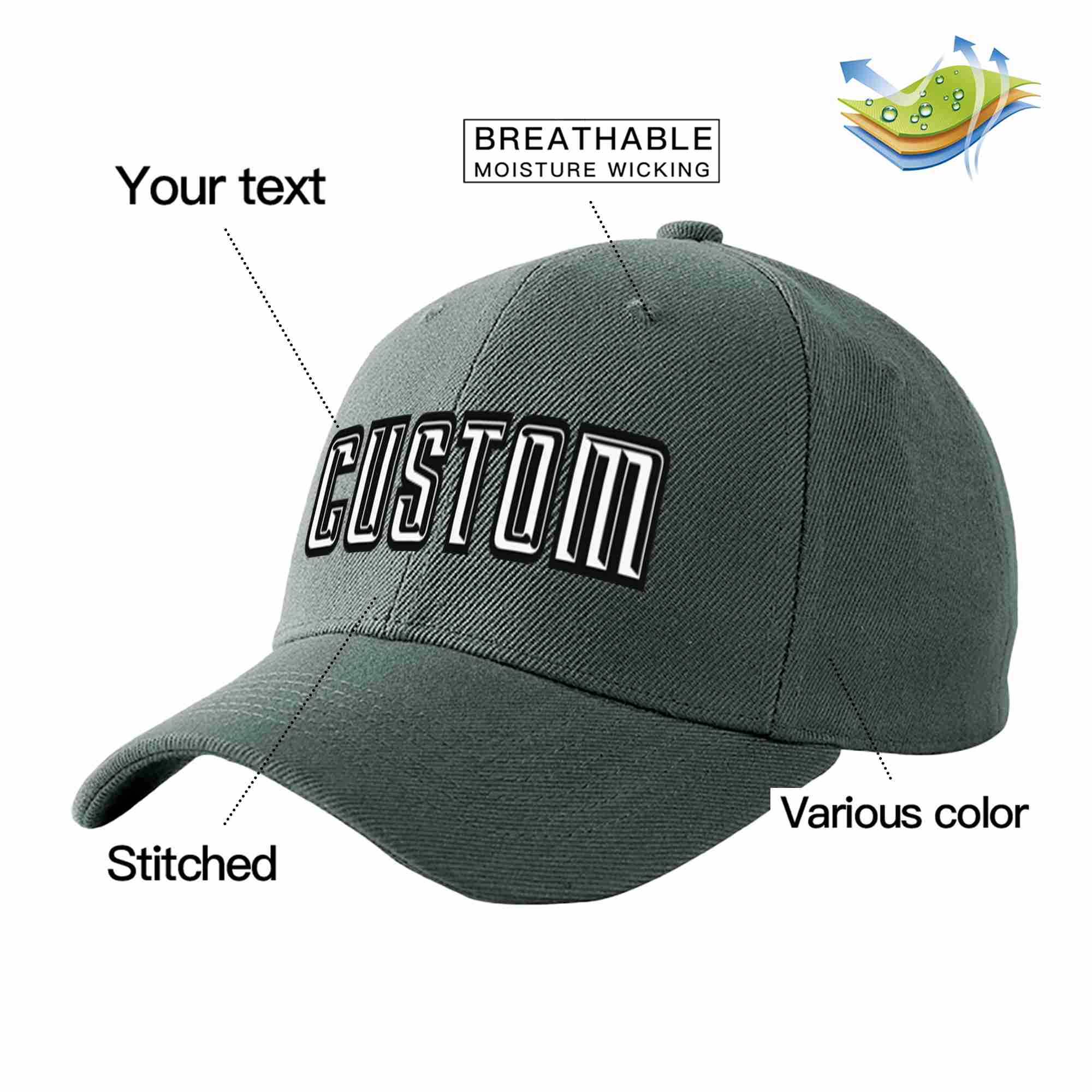 Custom Dark Gray White-Black Curved Eaves Sport Baseball Cap Design for Men/Women/Youth