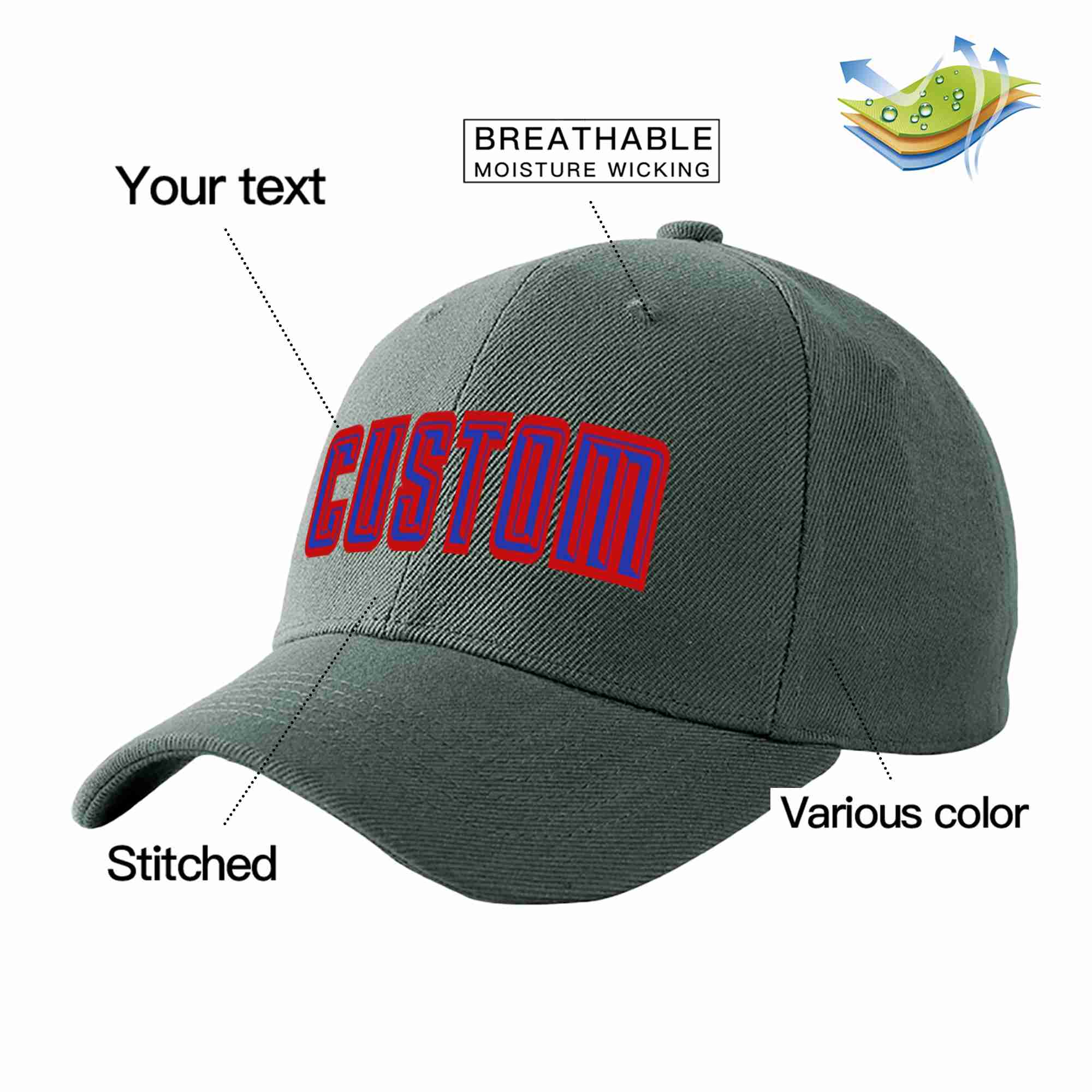 Conception personnalisée de casquette de baseball de sport incurvée gris foncé royal-rouge pour hommes/femmes/jeunes