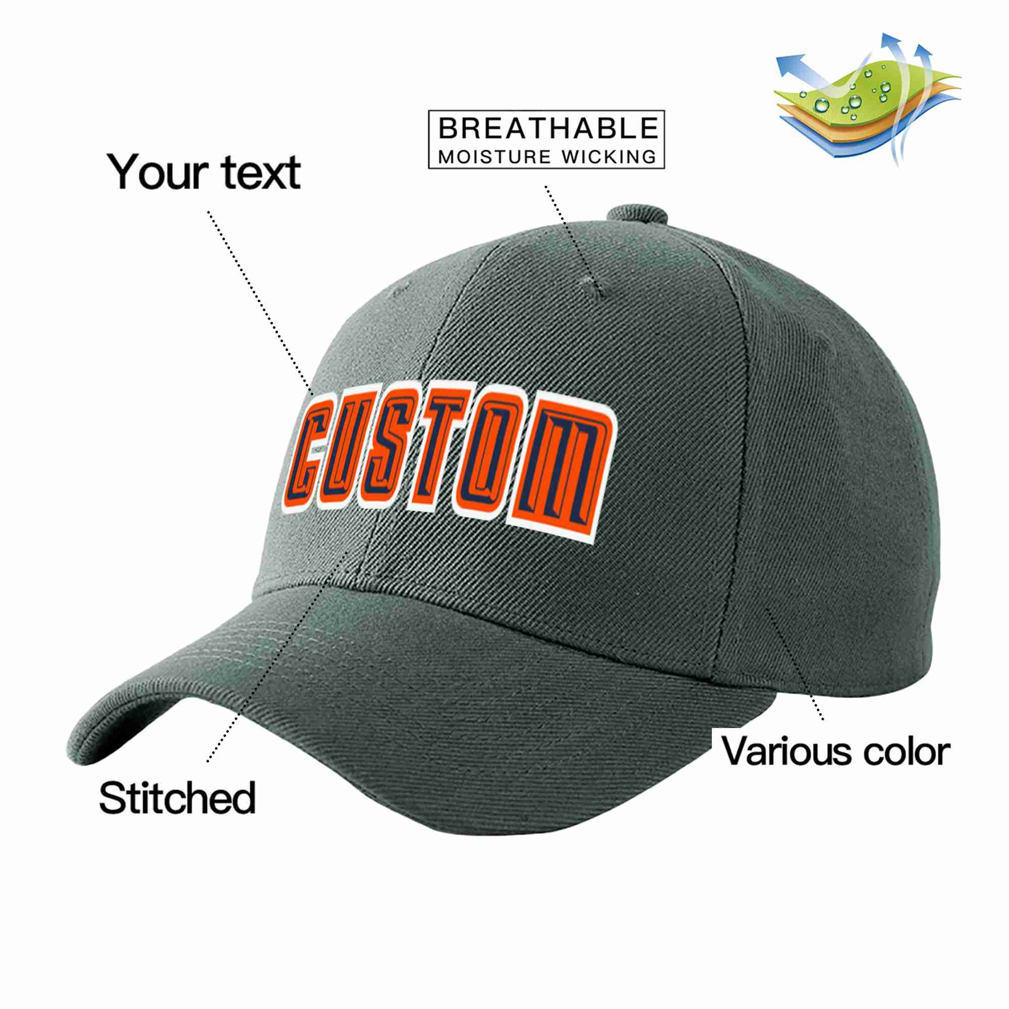 Custom Dark Gray Navy-Orange Curved Eaves Sport Baseball Cap Design for Men/Women/Youth