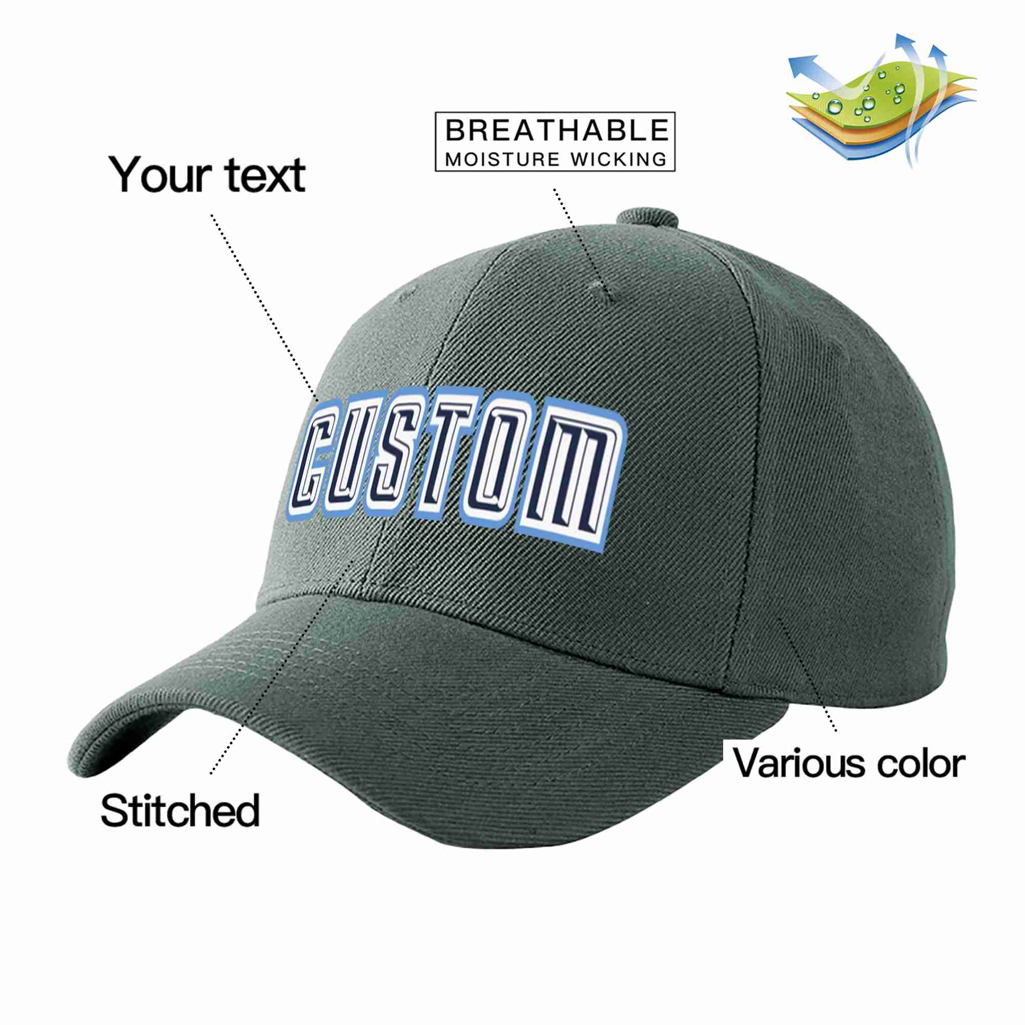 Custom Dark Gray Navy-White Curved Eaves Sport Baseball Cap Design for Men/Women/Youth