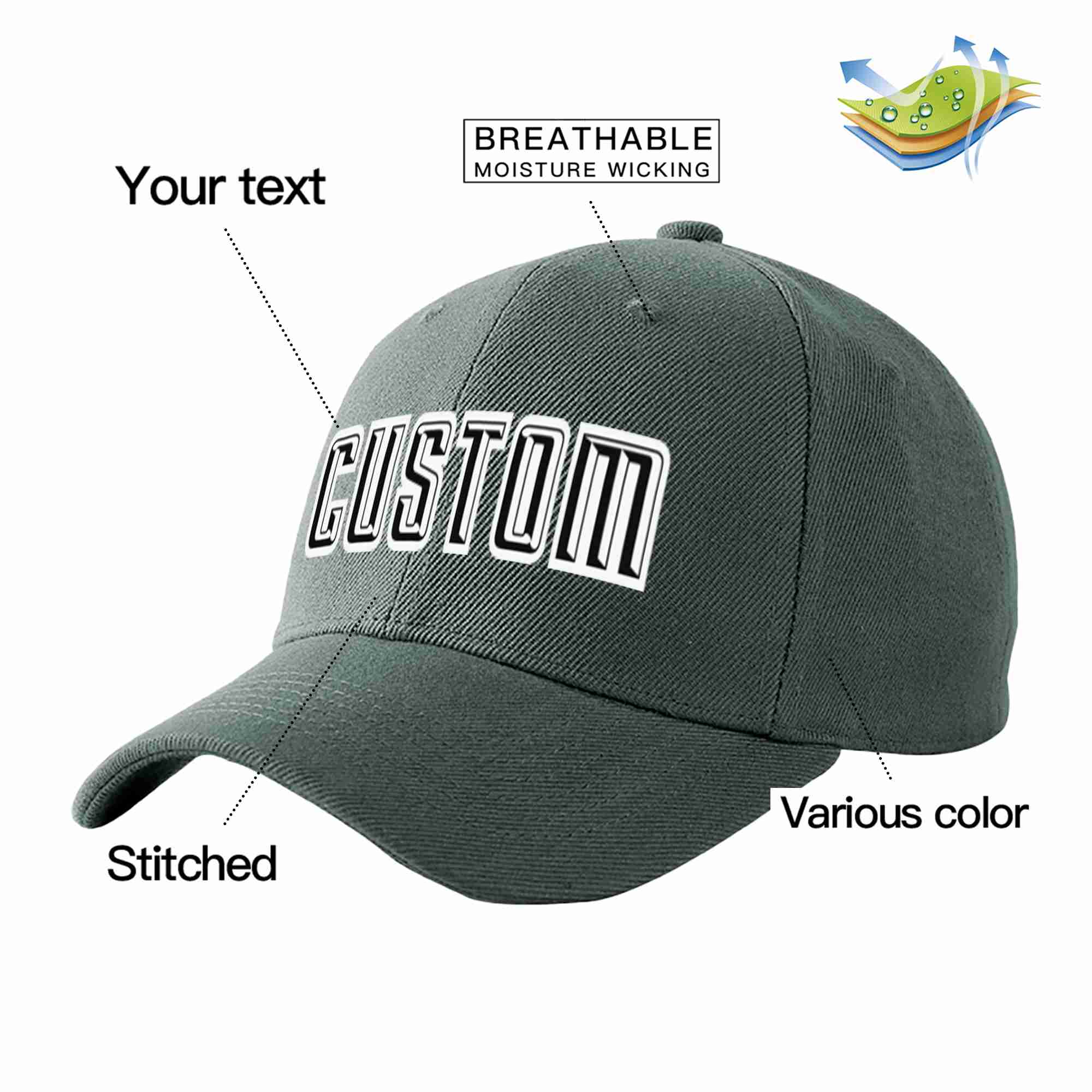 Custom Dark Gray Black-White Curved Eaves Sport Baseball Cap Design for Men/Women/Youth