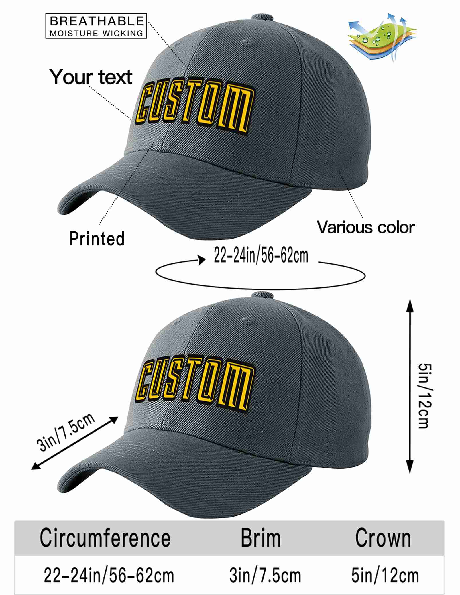 Custom Dark Gray Gold-Black Curved Eaves Sport Baseball Cap Design for Men/Women/Youth