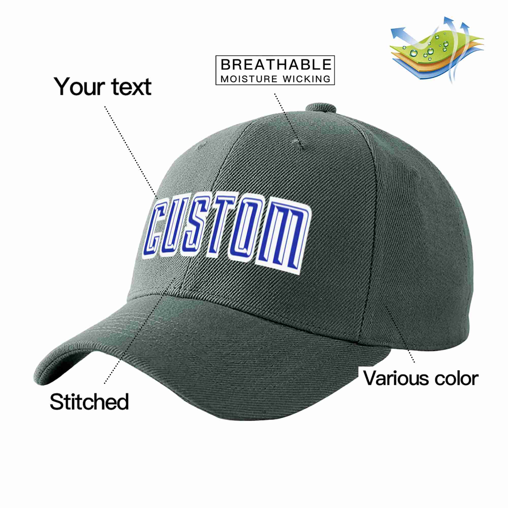 Custom Dark Gray Royal-White Curved Eaves Sport Baseball Cap Design for Men/Women/Youth