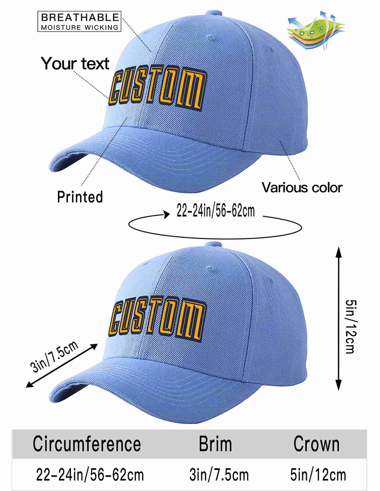 Conception personnalisée de casquette de baseball de sport incurvée bleu ciel jaune-marine pour hommes/femmes/jeunes