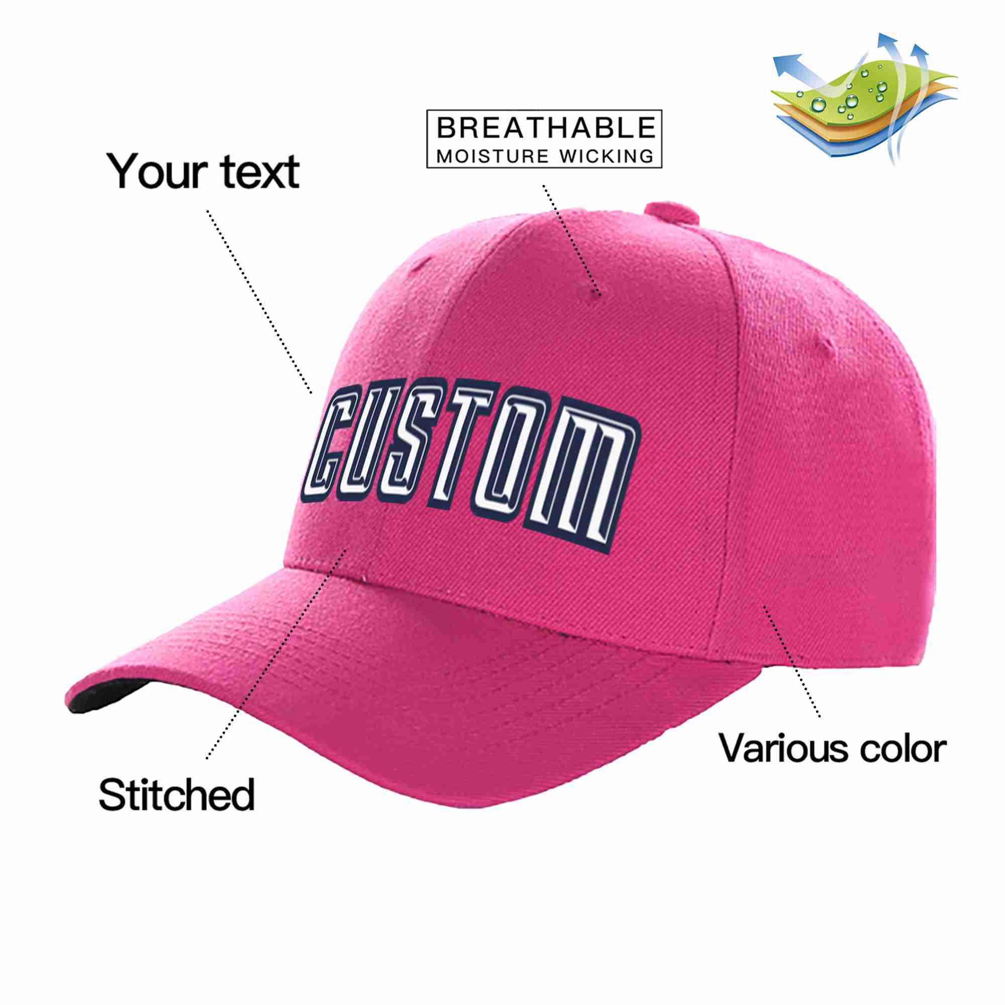 Conception personnalisée de casquette de baseball de sport à avant-toit incurvée rose rouge blanc-marine pour hommes/femmes/jeunes