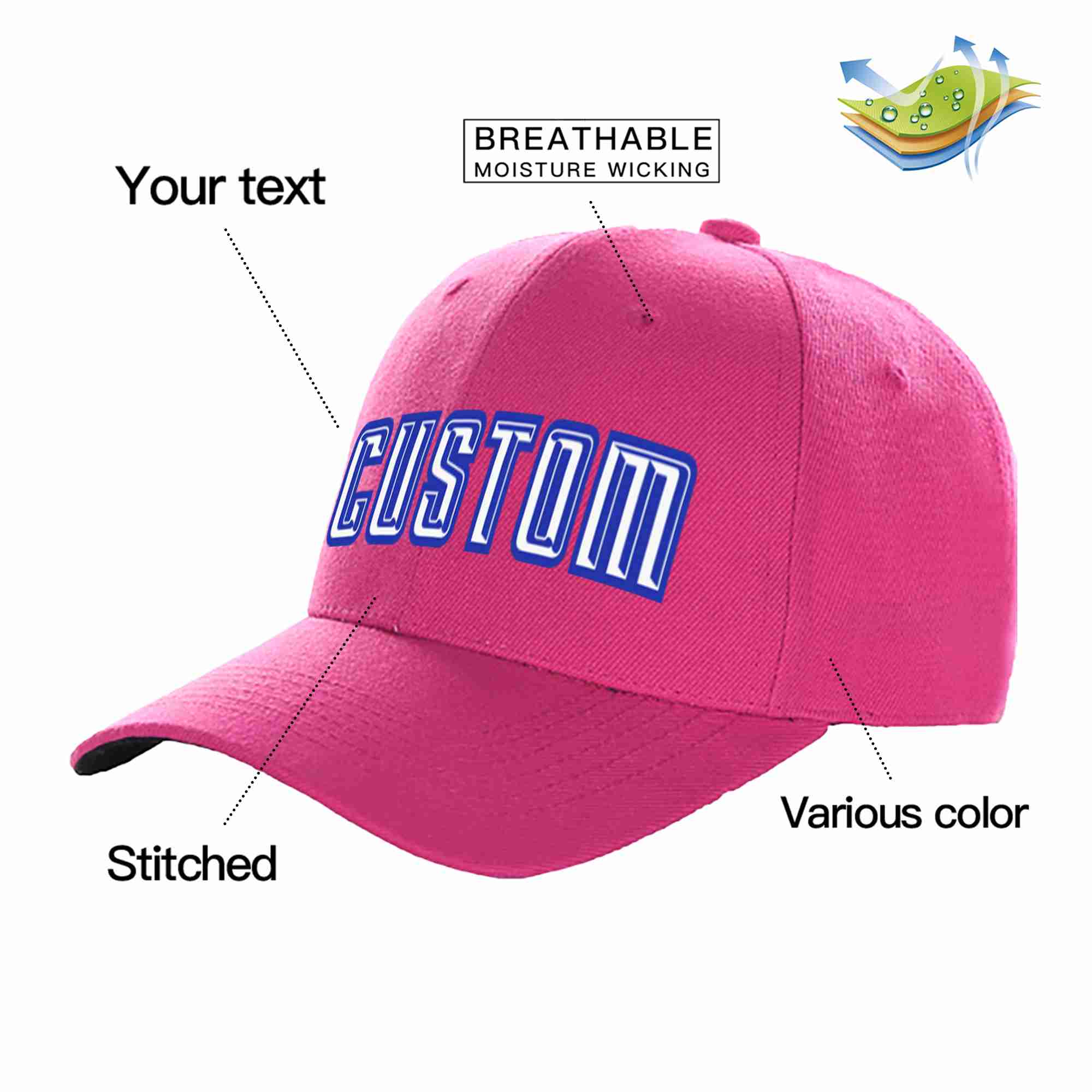 Casquette de baseball de sport incurvée personnalisée Rose rouge blanc-royal pour hommes/femmes/jeunes