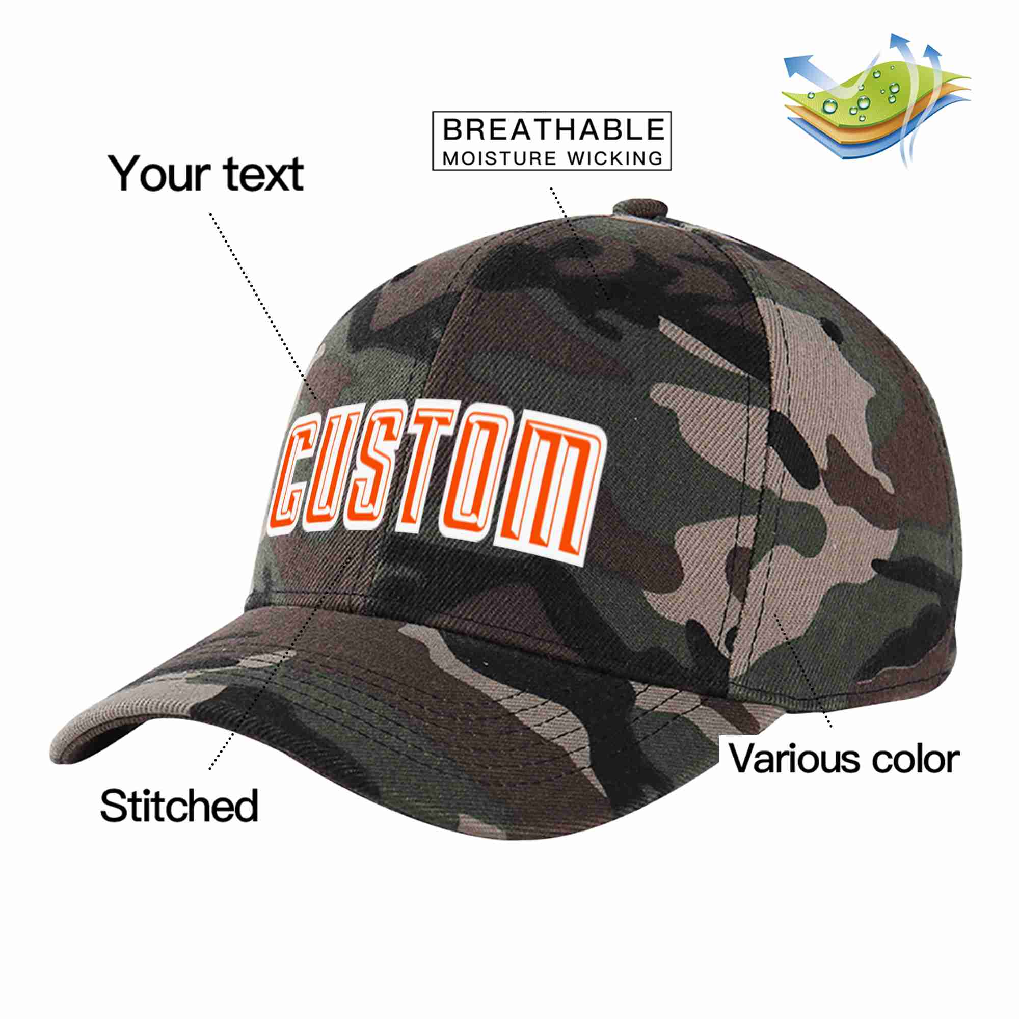 Casquette de baseball de sport incurvée orange-blanc camouflage personnalisée pour hommes/femmes/jeunes