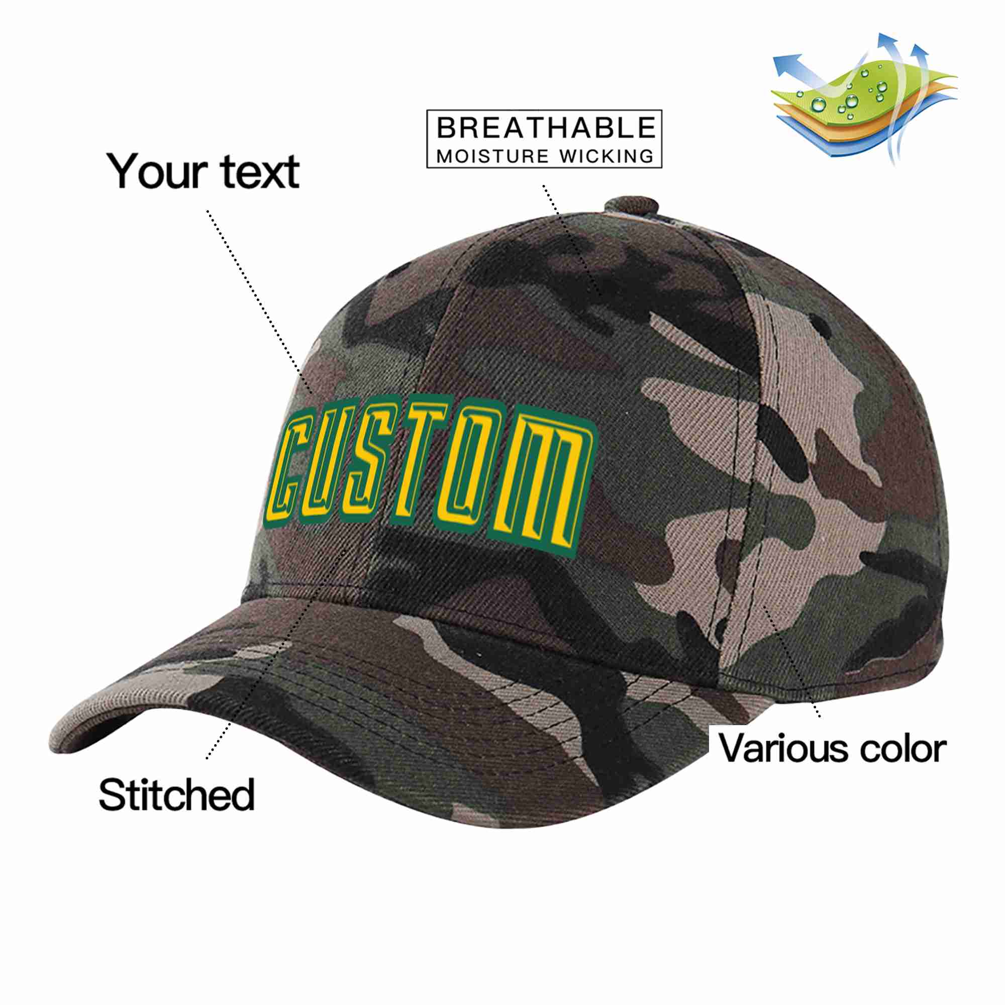 Custom Camo Gold-Kelly Green Curved Eaves Sport Baseball Cap Design for Men/Women/Youth