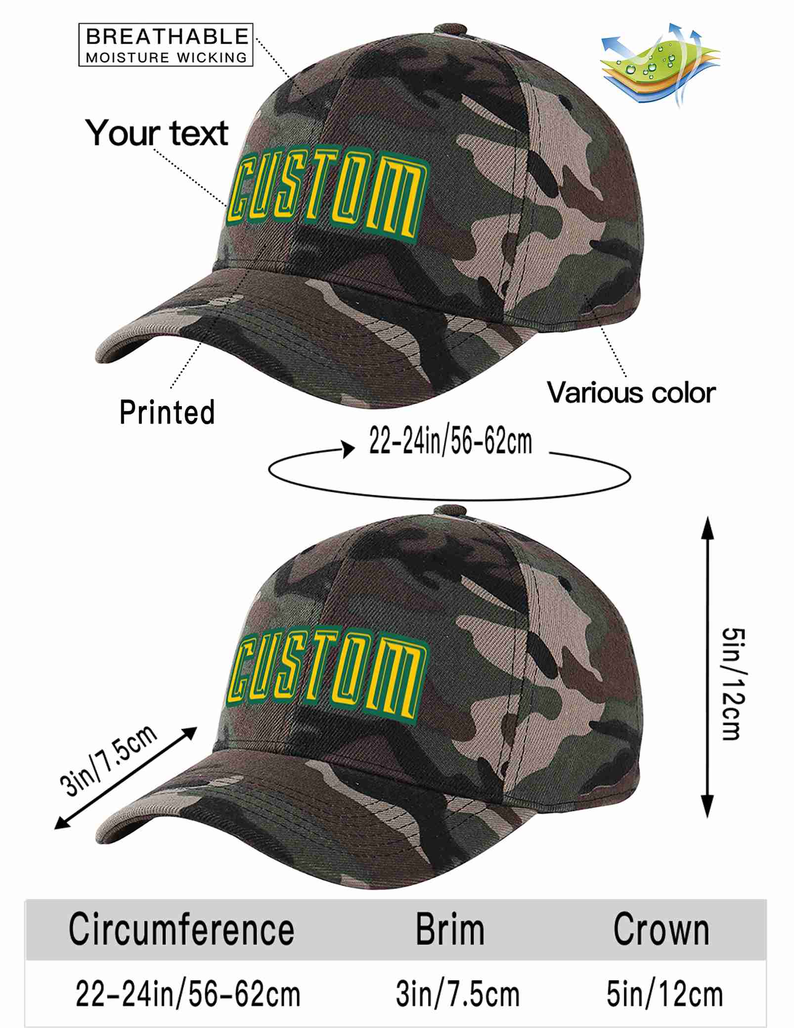 Custom Camo Gold-Kelly Green Curved Eaves Sport Baseball Cap Design for Men/Women/Youth