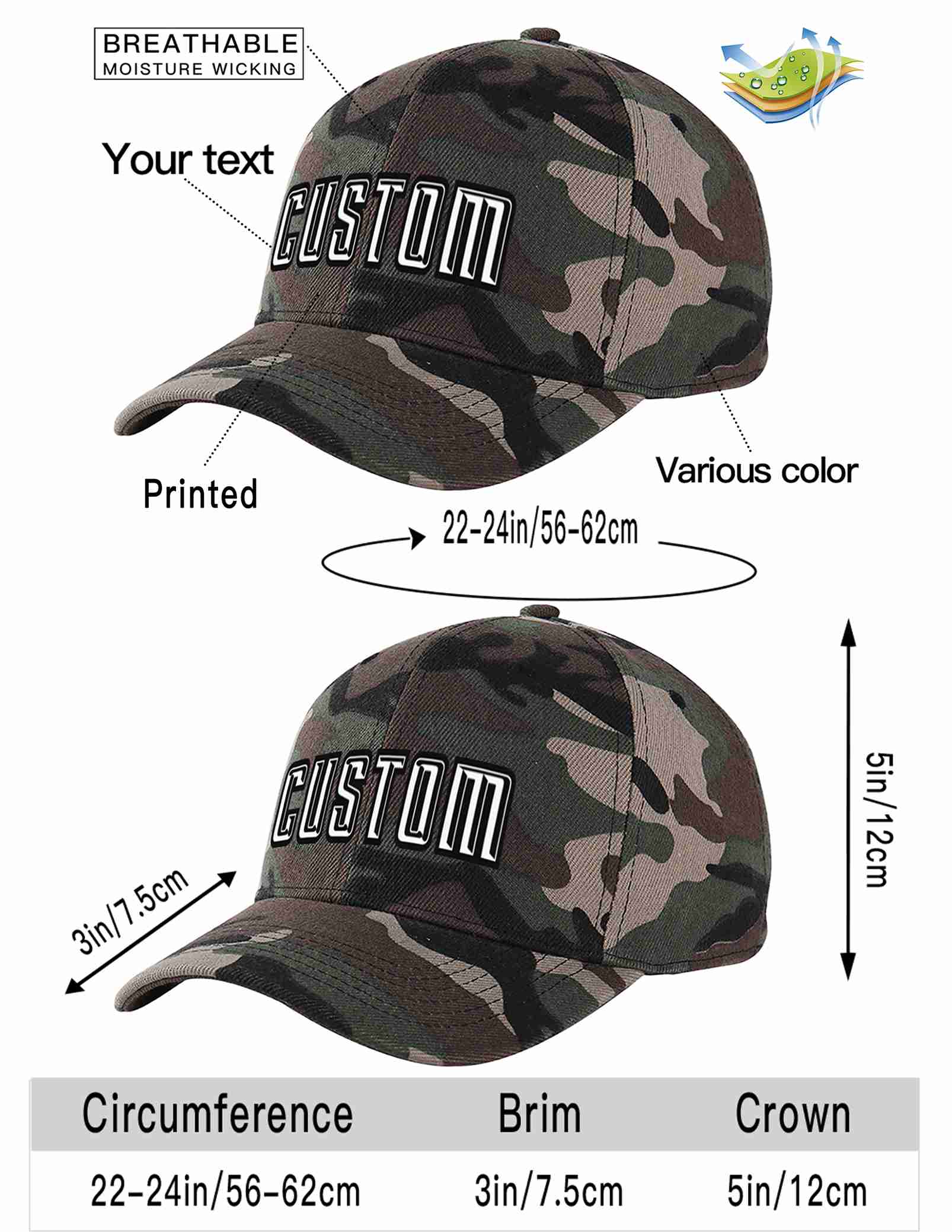 Conception de casquette de baseball de sport à avant-toit incurvé blanc-noir camouflage personnalisé pour hommes/femmes/jeunes