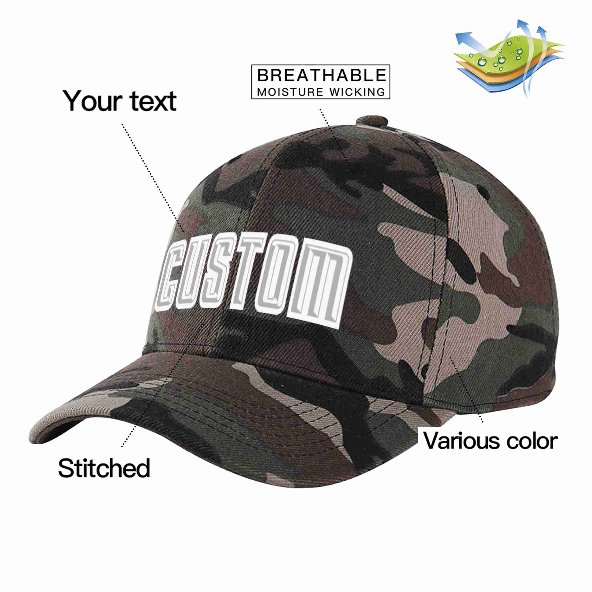 Casquette de baseball de sport incurvée gris-blanc camouflage personnalisée pour hommes/femmes/jeunes