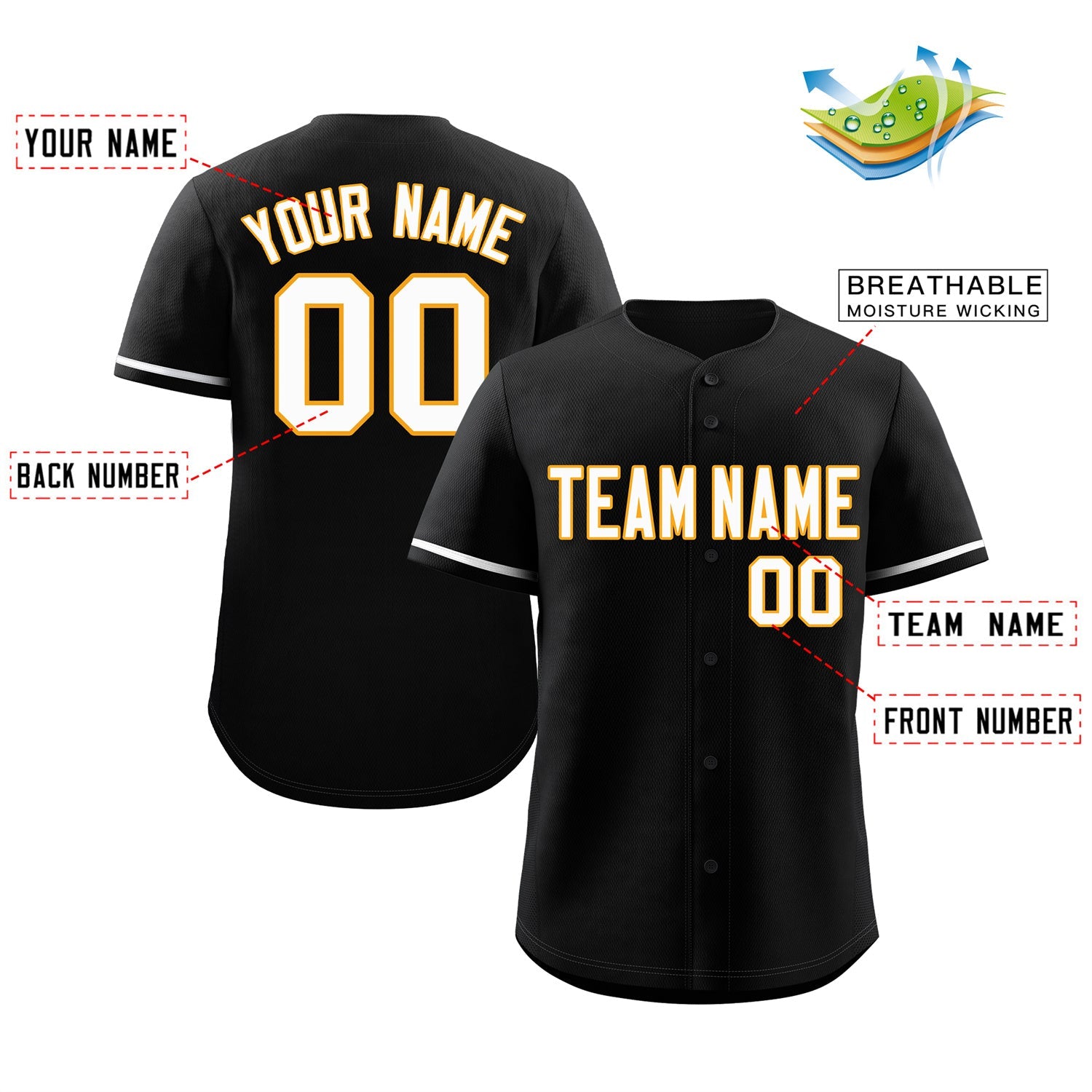 Custom Black White-Yellow Classic Style Authentic Baseball Jersey