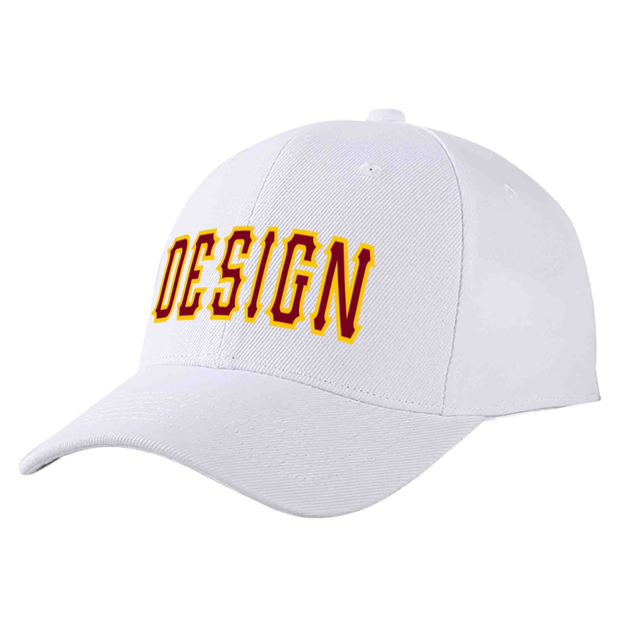 Custom White Crimson-Yellow Curved Eaves Sport Design Baseball Cap