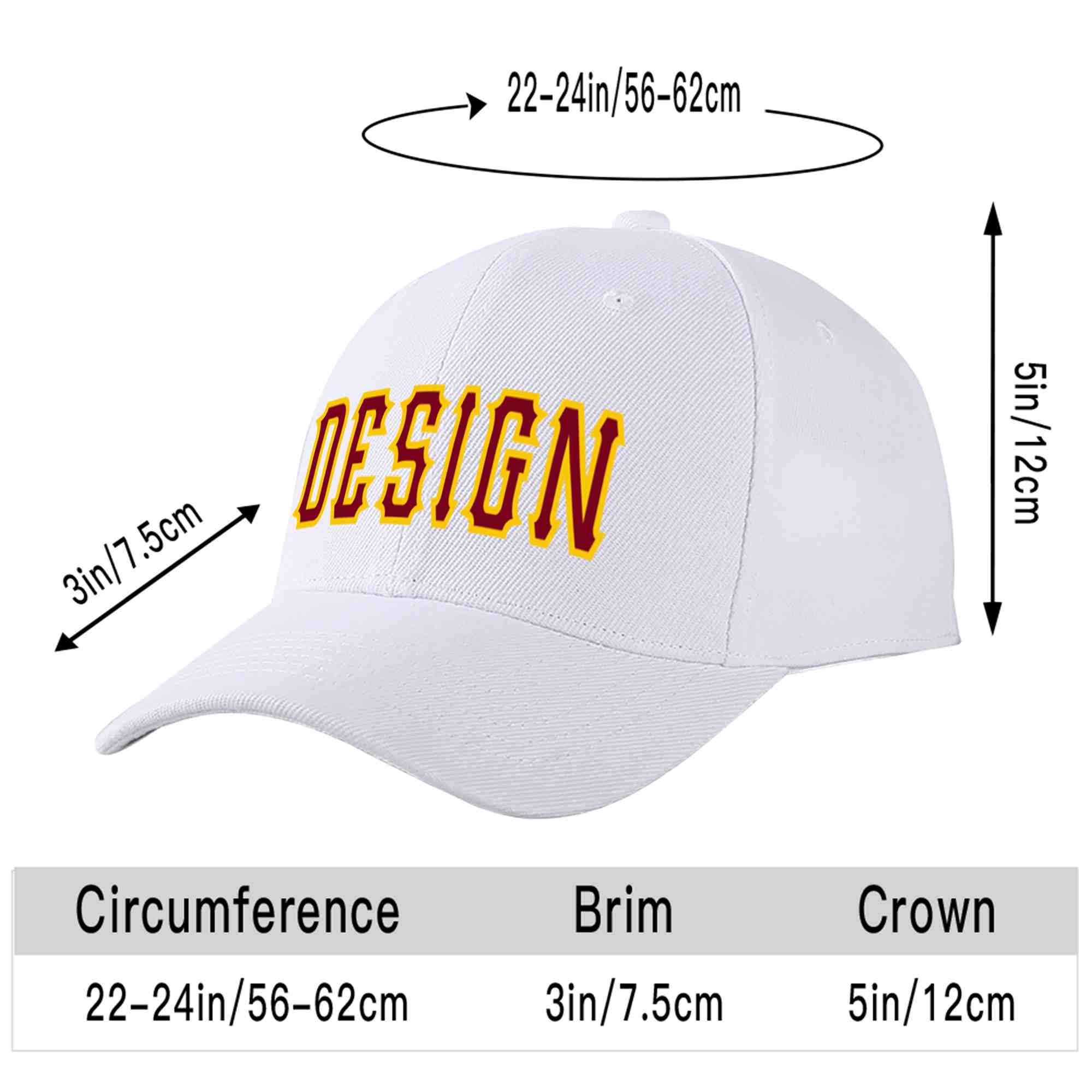 Custom White Crimson-Yellow Curved Eaves Sport Design Baseball Cap