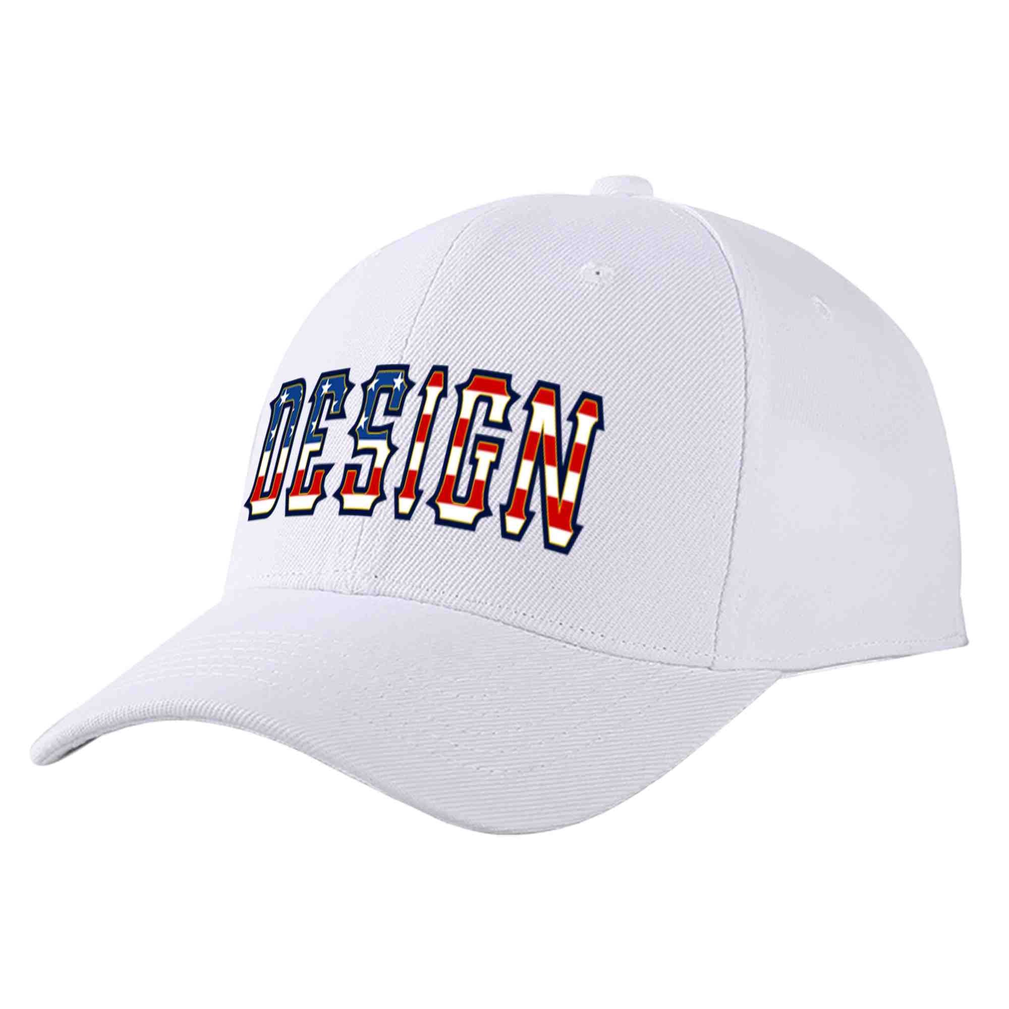 Casquette de baseball personnalisée avec drapeau américain vintage, design sportif, avec avant-toit incurvé doré, blanc