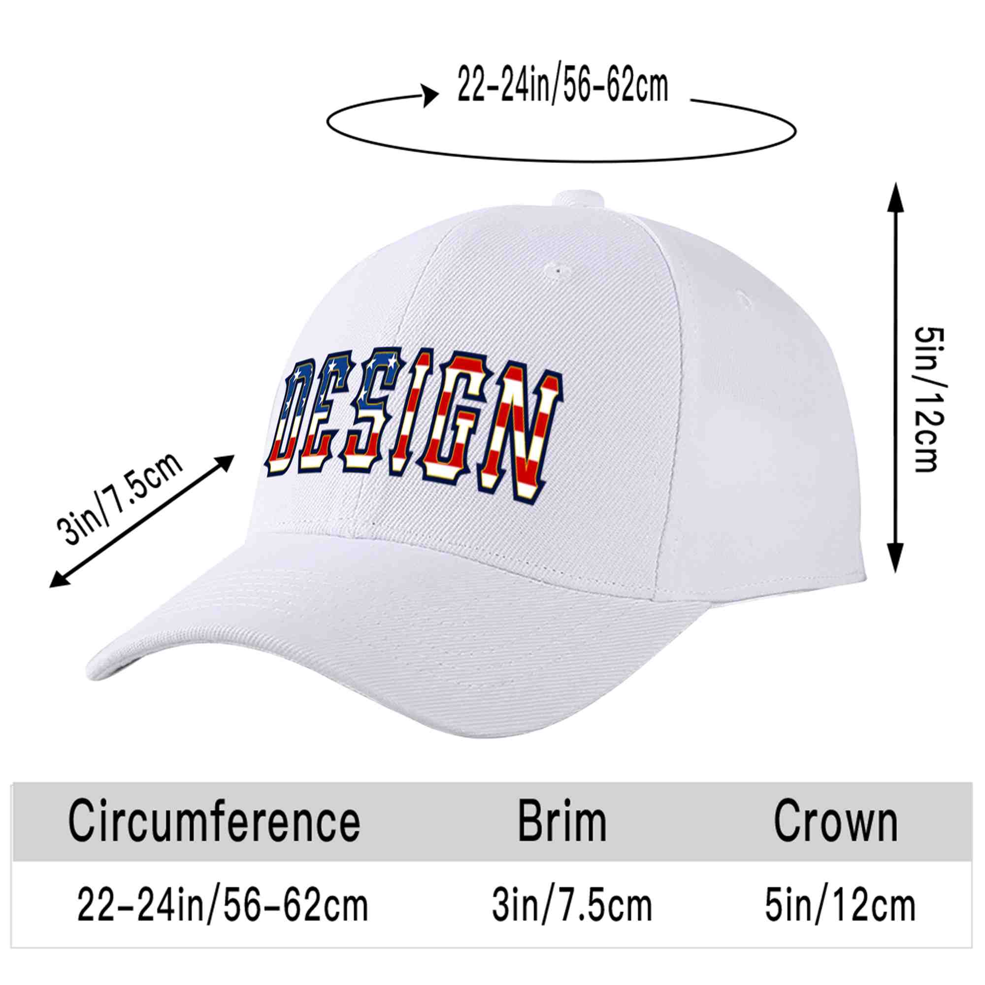 Casquette de baseball personnalisée avec drapeau américain vintage, design sportif, avec avant-toit incurvé doré, blanc