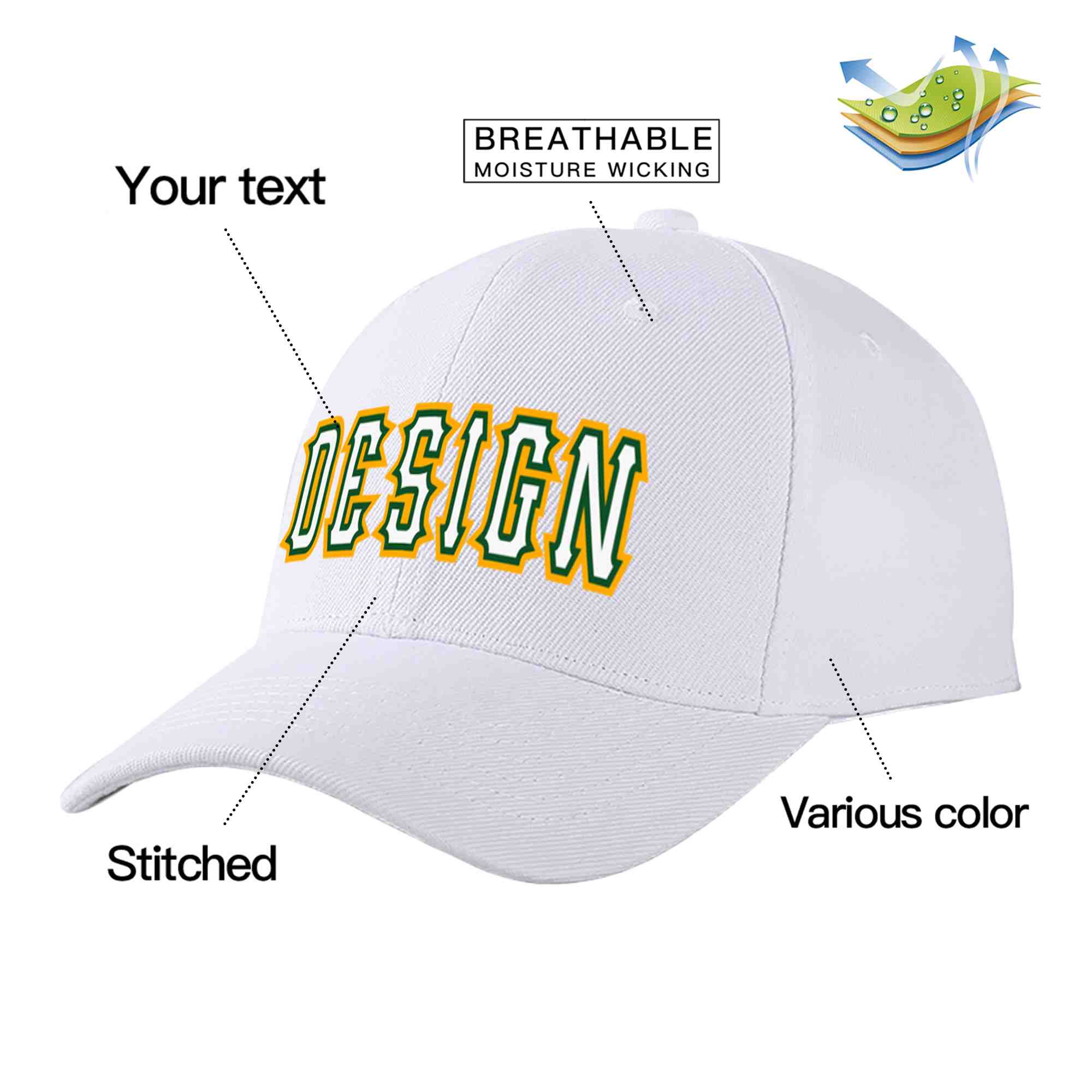 Custom White White-Kelly Green Curved Eaves Sport Design Baseball Cap