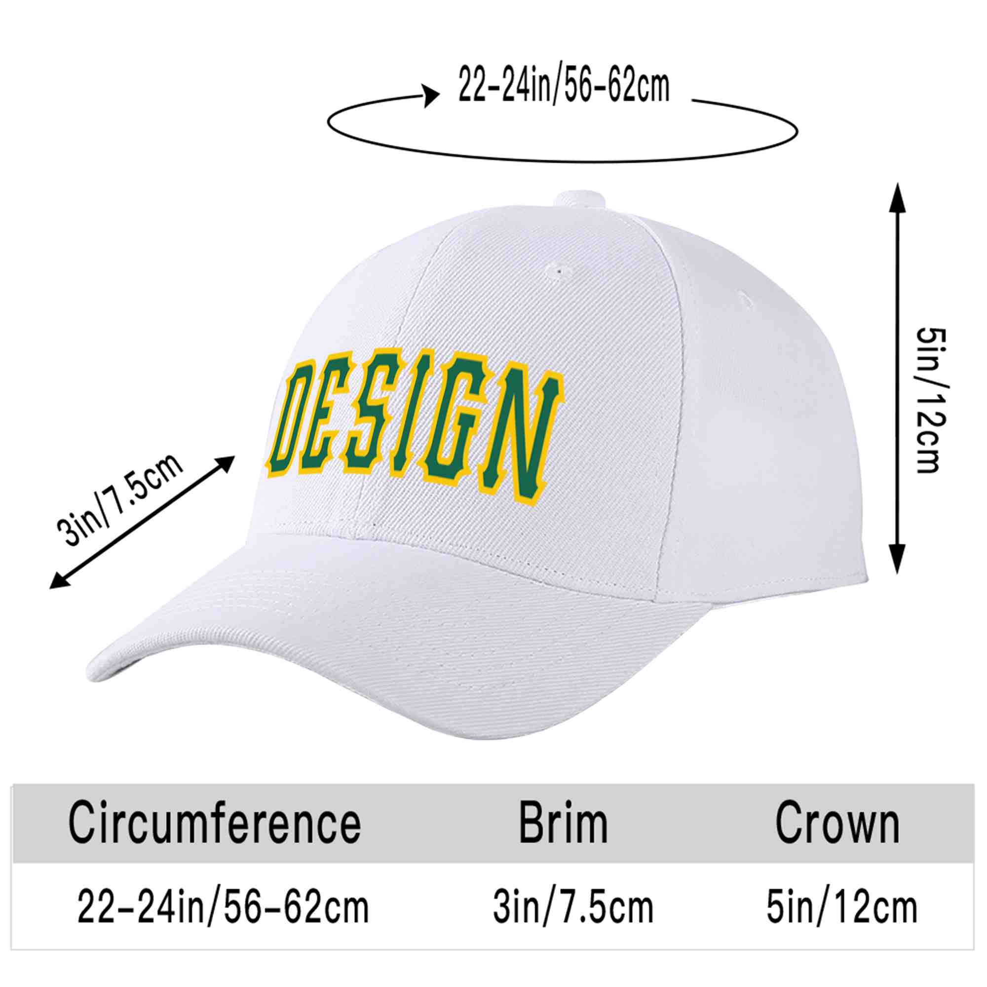 Custom White Kelly Green-Yellow Curved Eaves Sport Design Baseball Cap