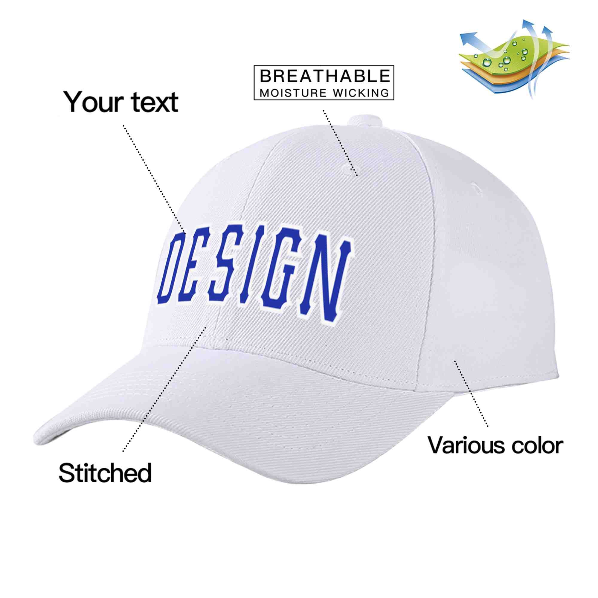 Casquette de baseball personnalisée blanche royale-blanche incurvée Eaves Sport Design