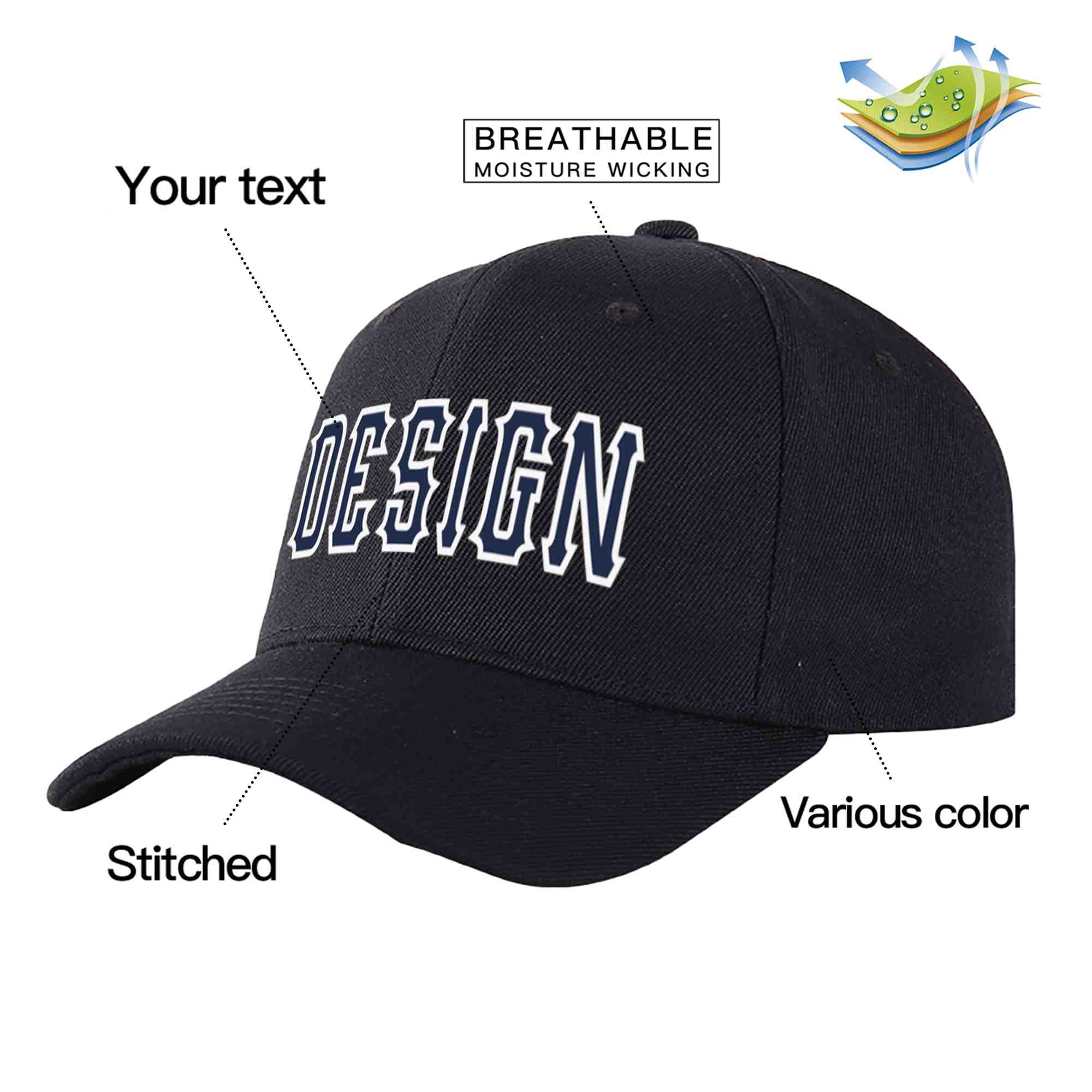 Custom Black Navy-White Curved Eaves Sport Design Baseball Cap