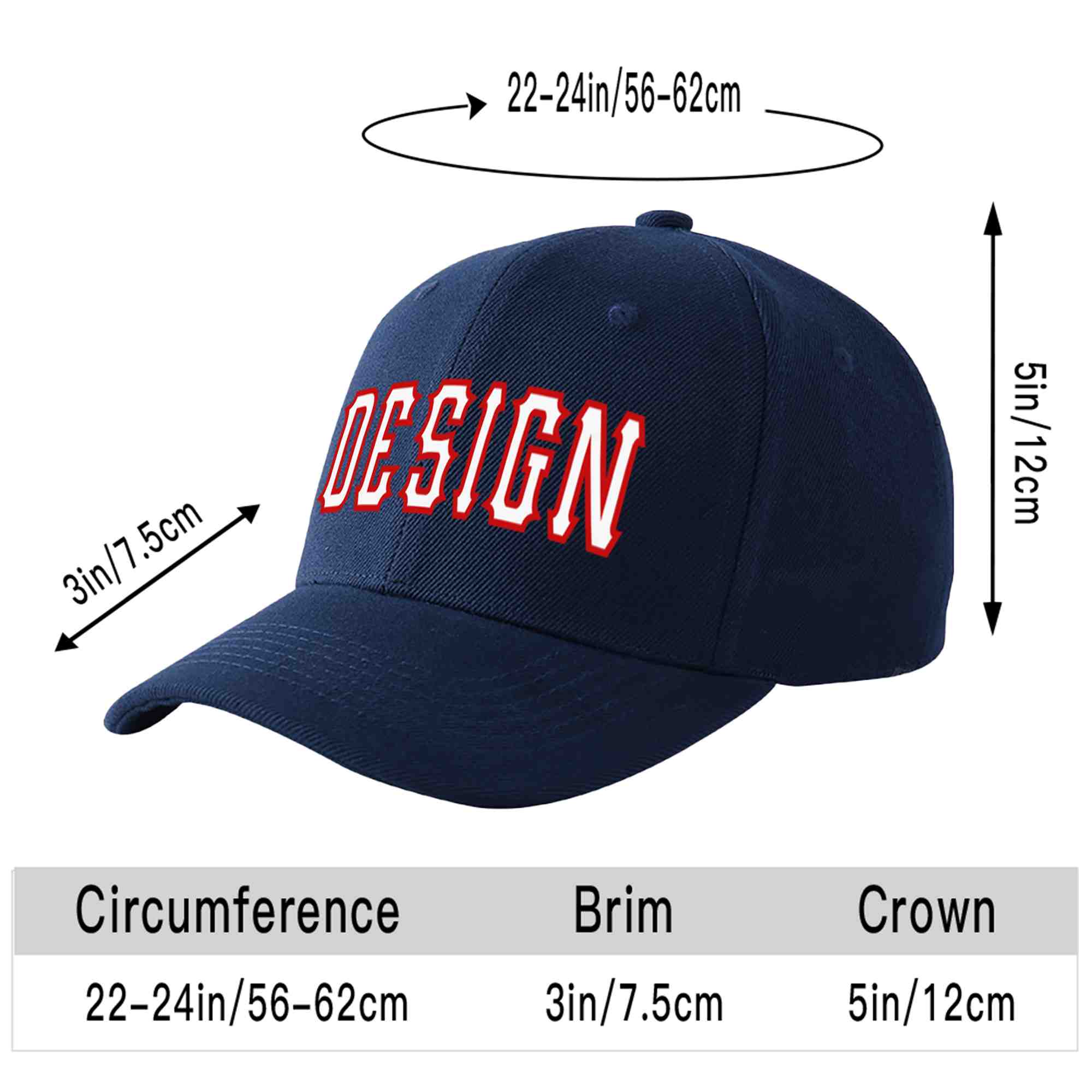 Casquette de baseball personnalisée bleu marine blanc-rouge avec avant-toit incurvé