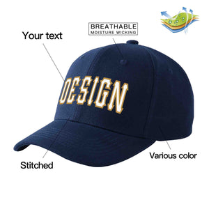 Casquette de baseball personnalisée bleu marine-vieil or incurvée avec avant-toit et design sportif