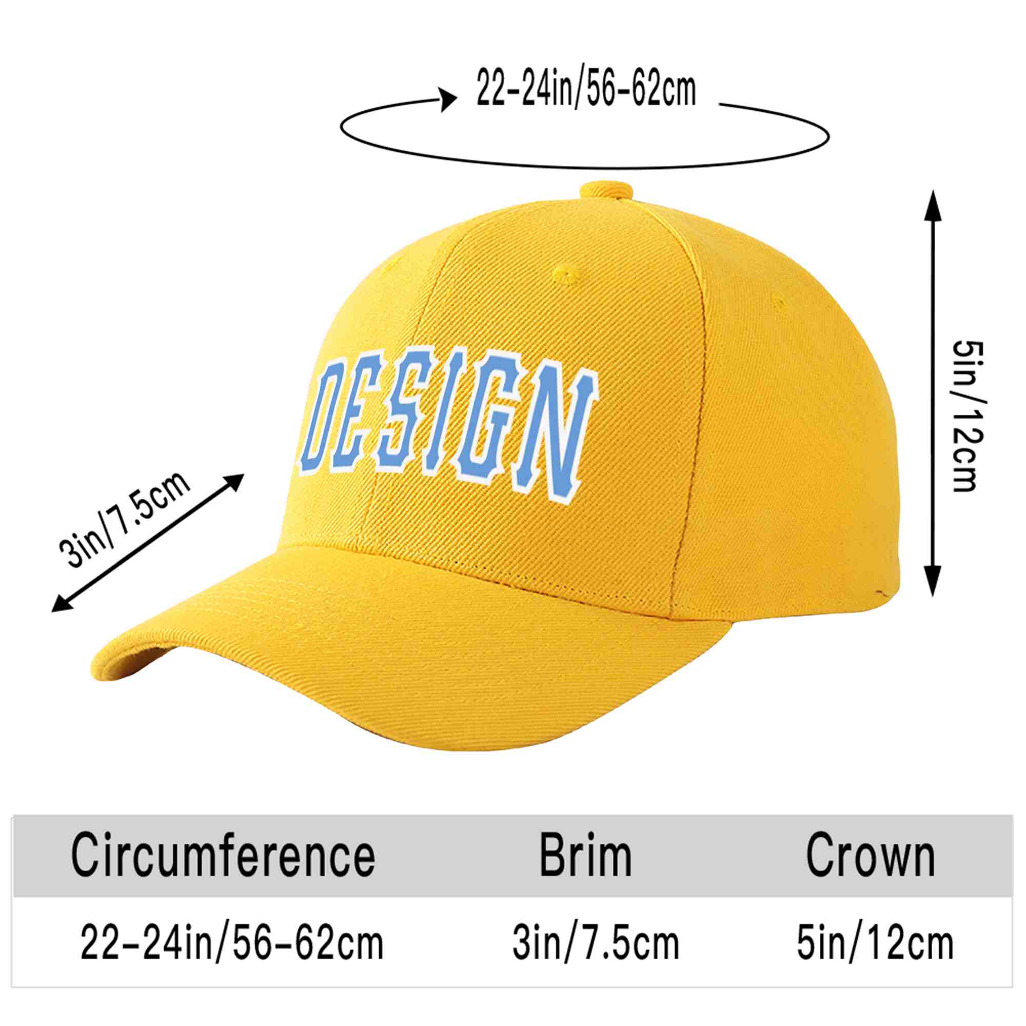 Custom Gold Light Blue-White Curved Eaves Sport Design Baseball Cap