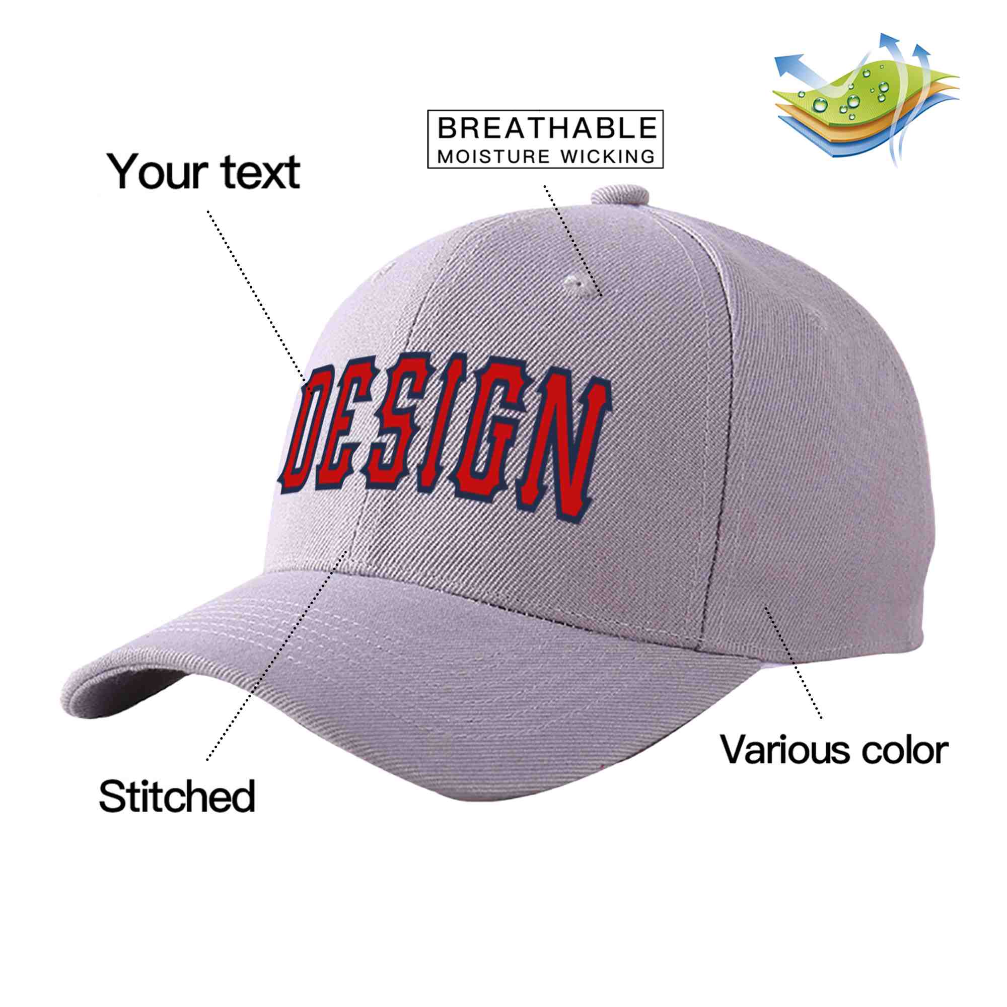 Casquette de baseball courbée Eaves Sport Design personnalisée gris rouge-marine