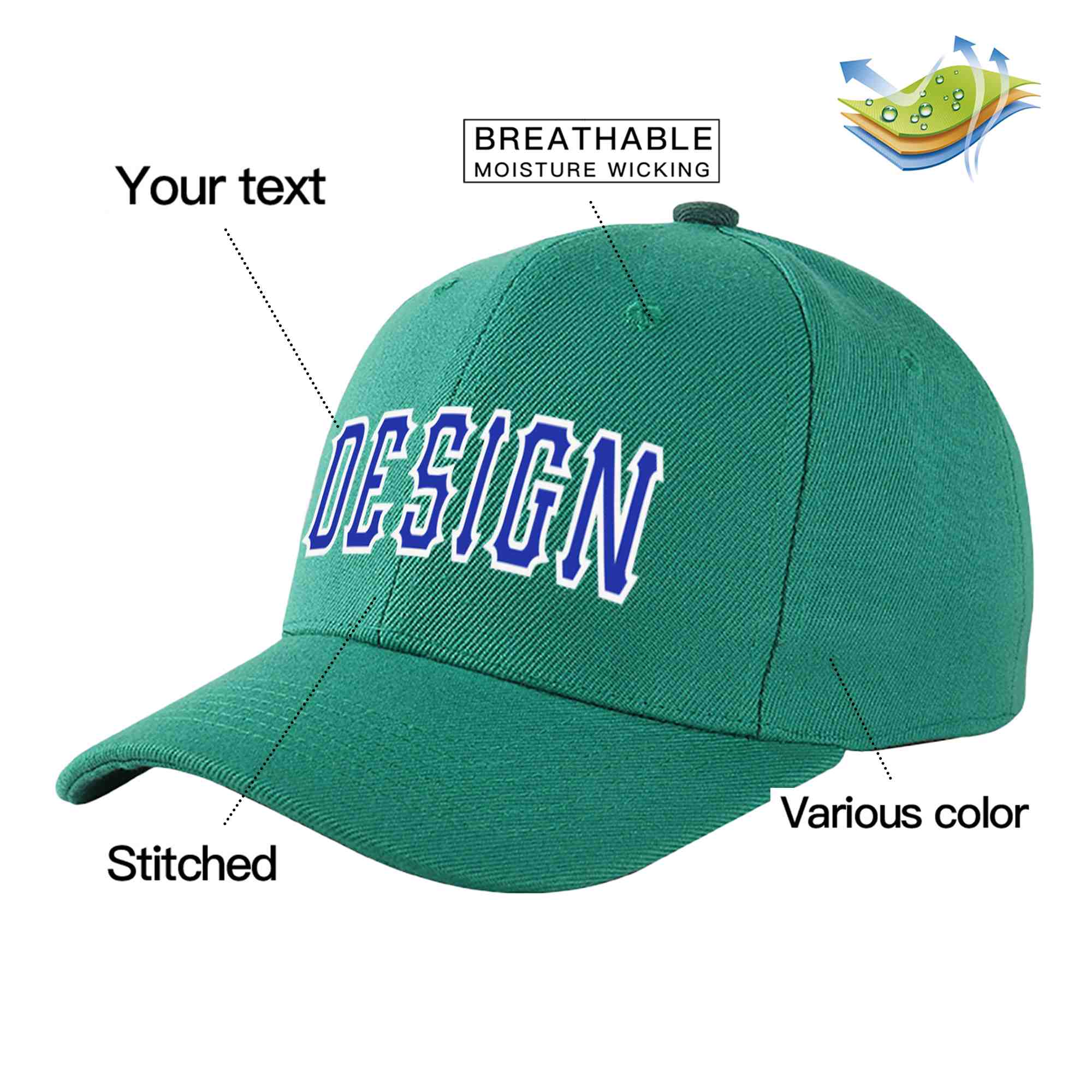 Custom Light Green Royal-White Curved Eaves Sport Design Baseball Cap