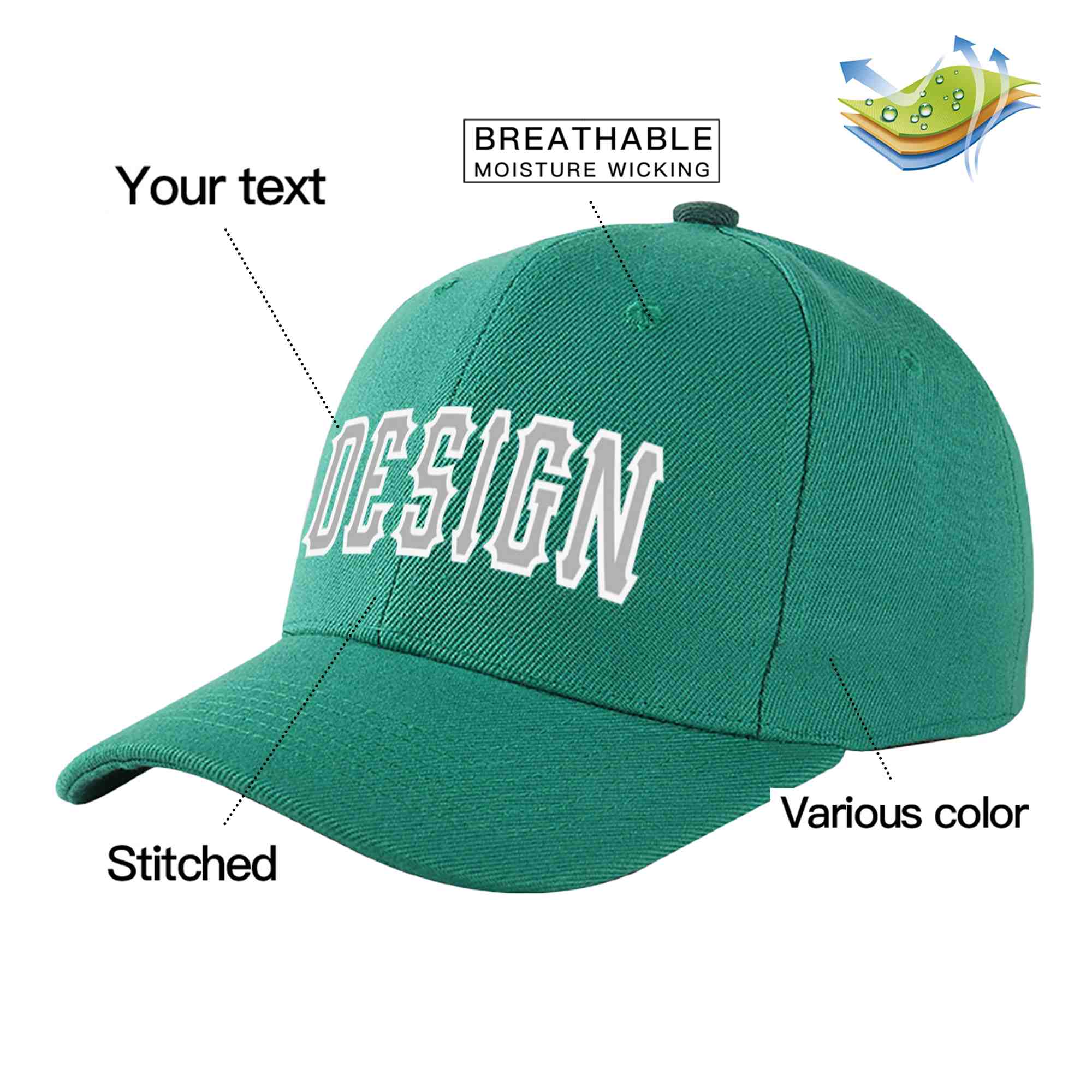 Custom Light Green White-Gray Curved Eaves Sport Design Baseball Cap