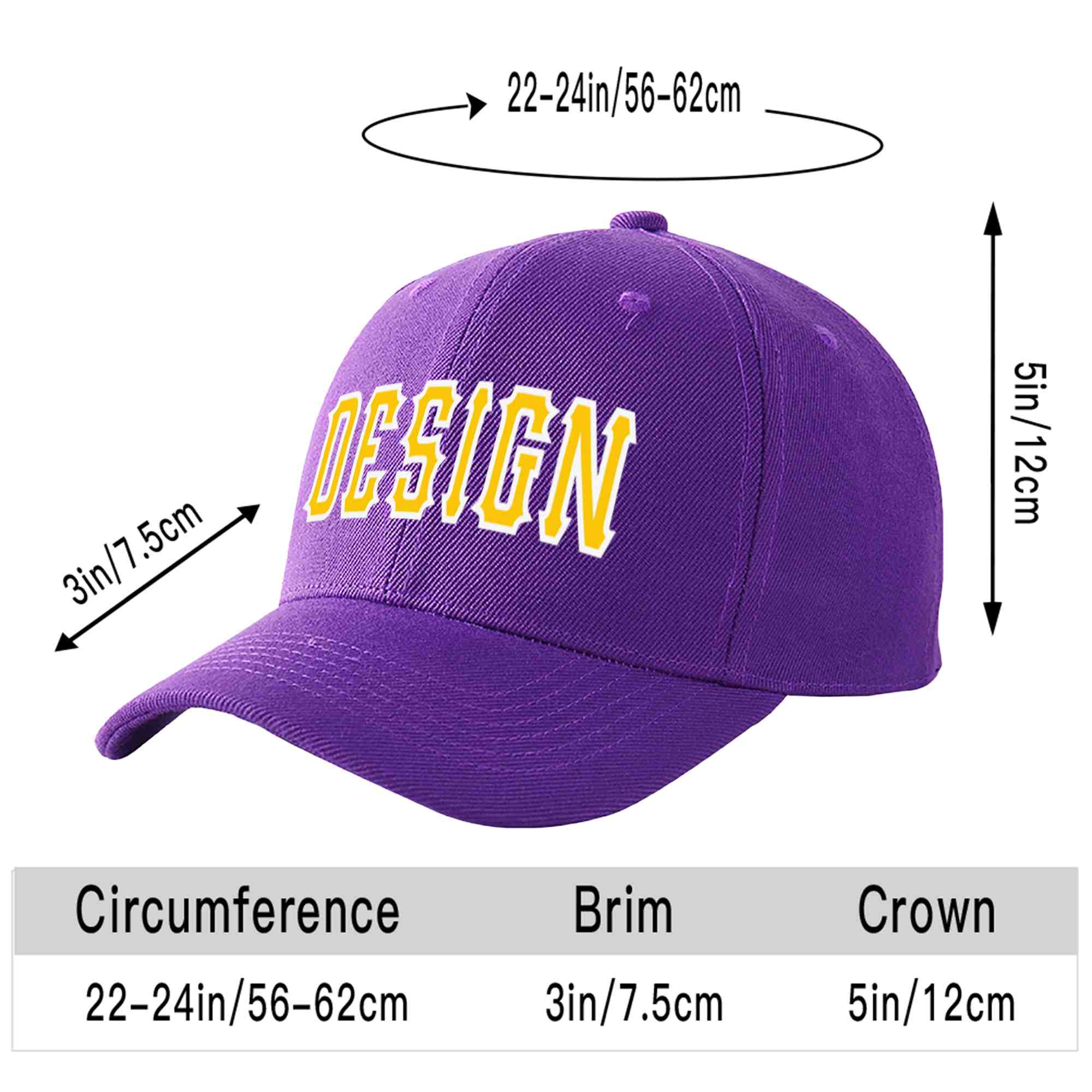 Casquette de baseball personnalisée, violet, or-blanc, courbée, design sportif