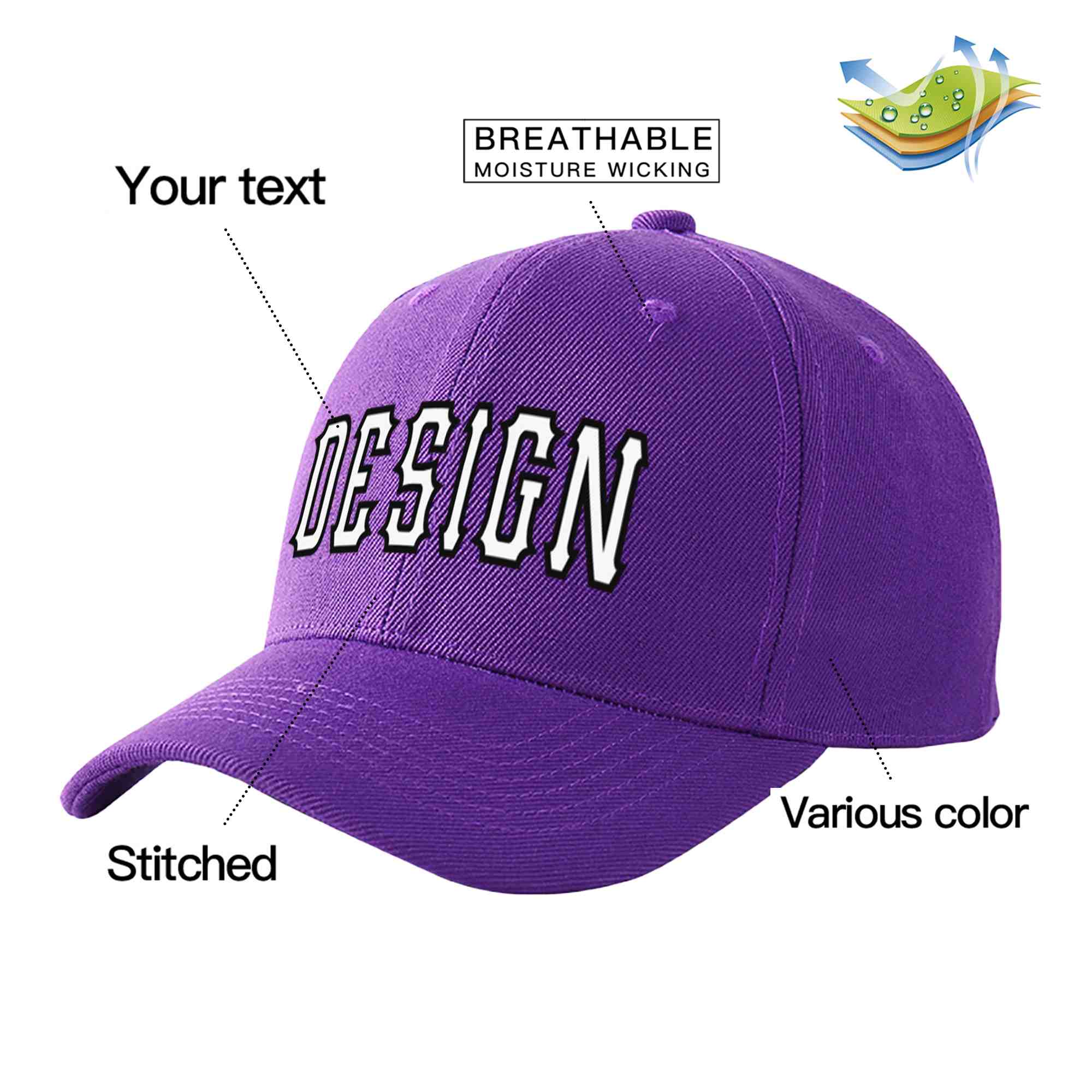 Casquette de baseball personnalisée violet blanc-noir incurvée Eaves Sport Design