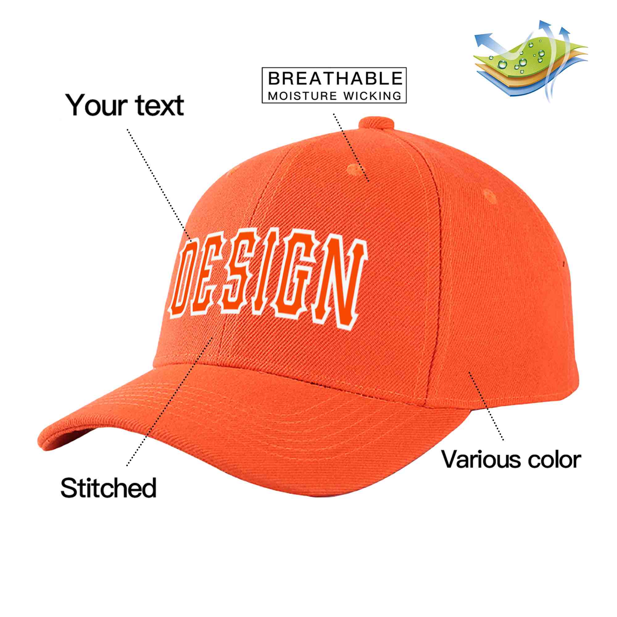 Custom Tangerine Orange-White Curved Eaves Sport Design Baseball Cap