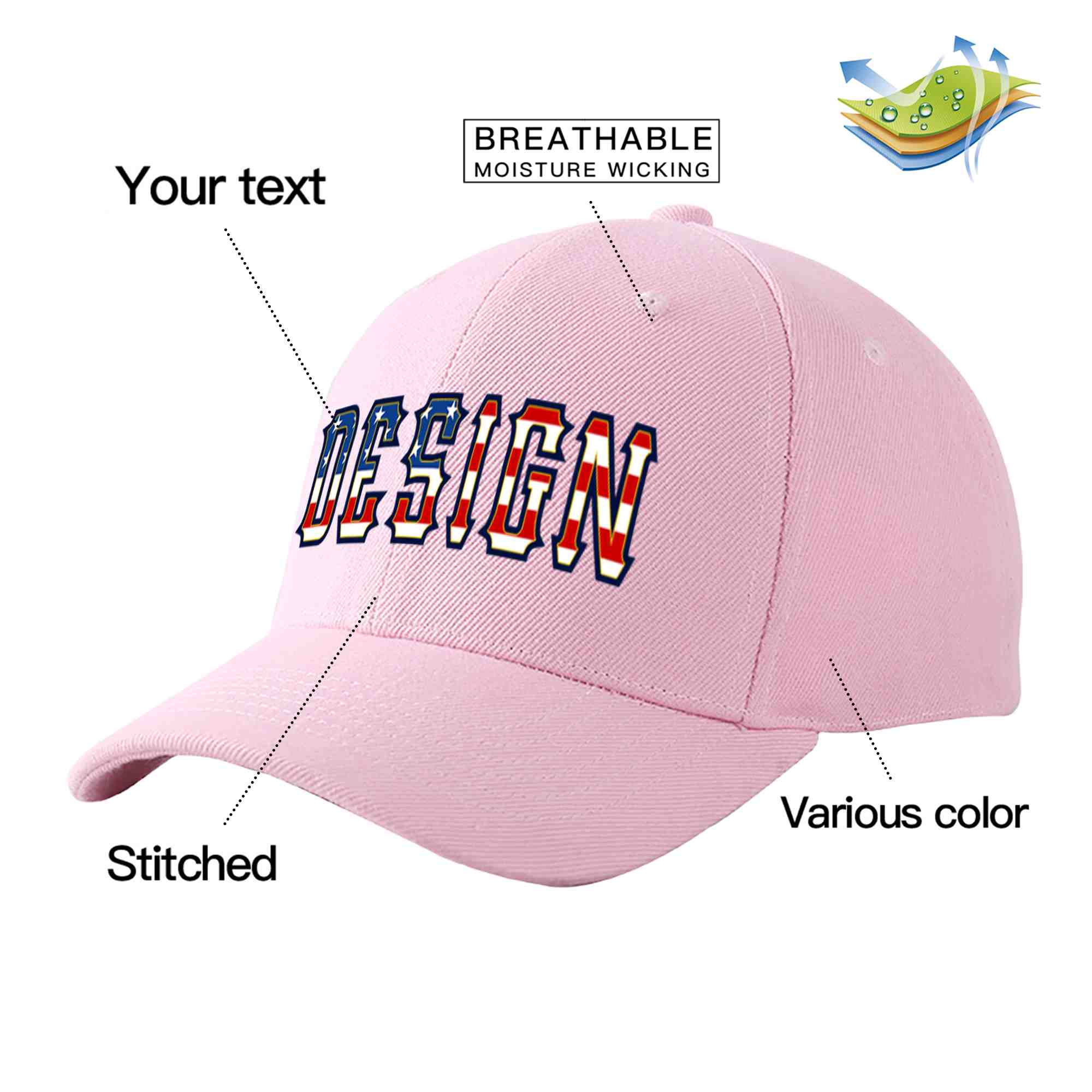 Custom Pink Vintage USA Flag-Gold Curved Eaves Sport Design Baseball Cap