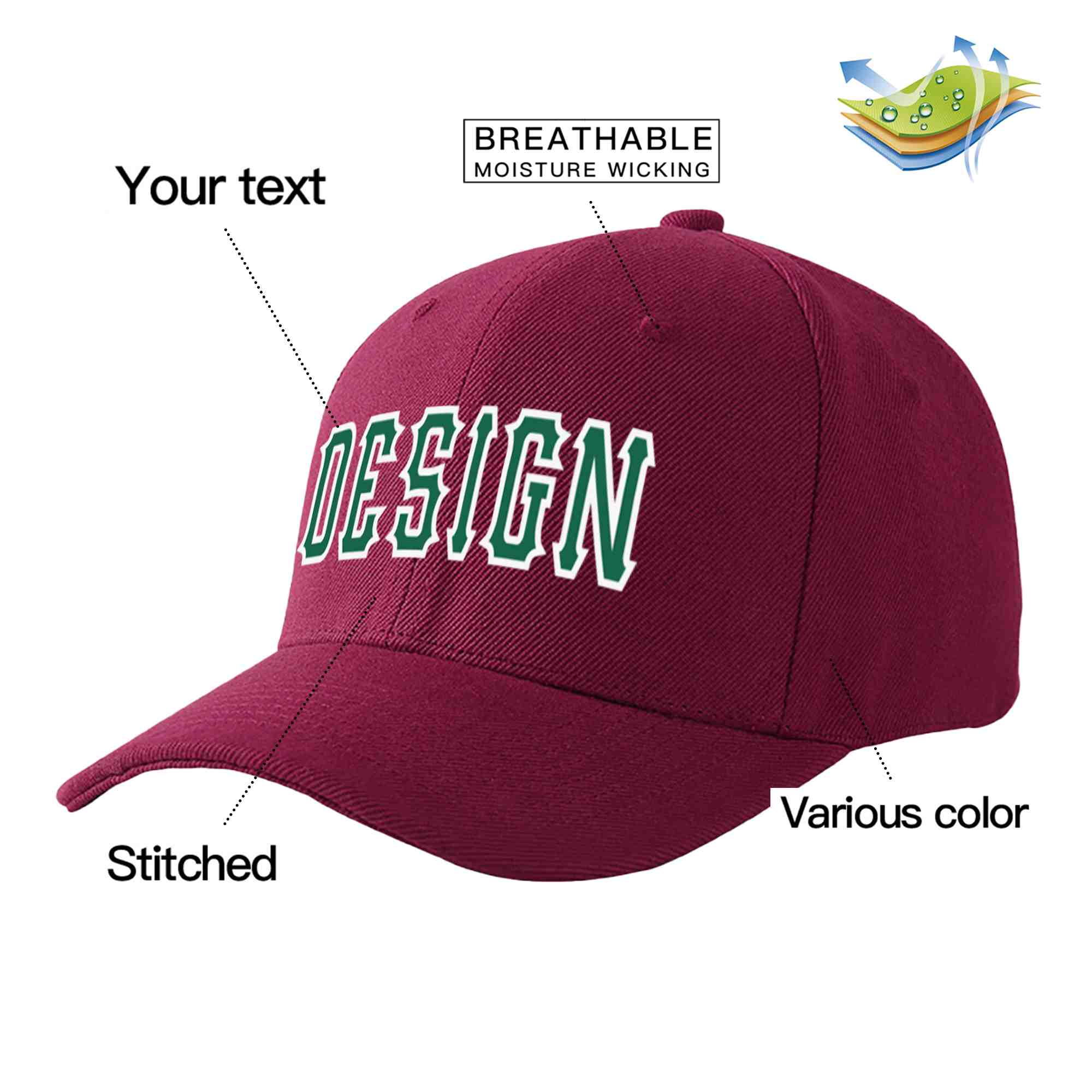 Vin rouge personnalisé Kelly vert-blanc courbé Eaves Sport Design casquette de baseball