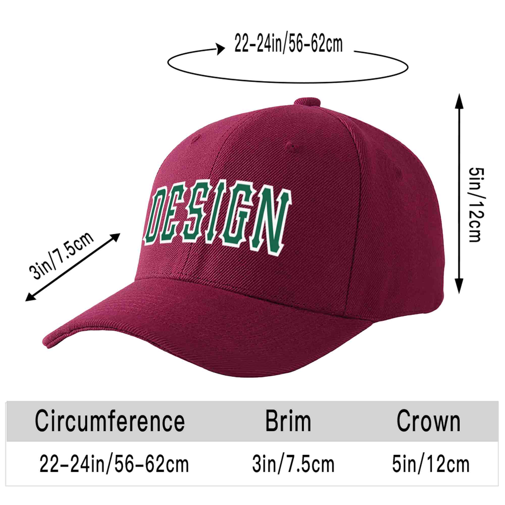 Custom Red Wine Kelly Green-White Curved Eaves Sport Design Baseball Cap