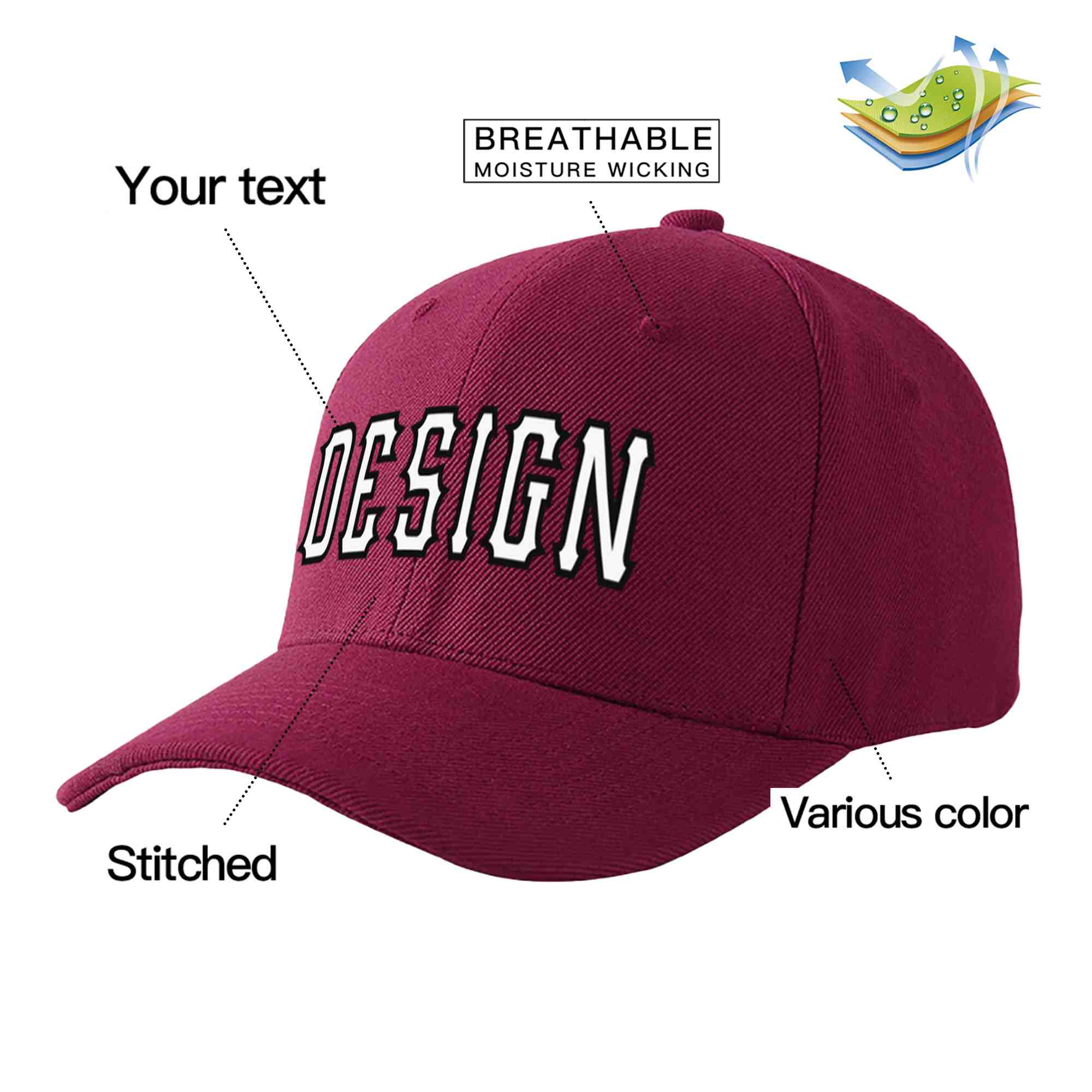 Custom Red Wine White-Black Curved Eaves Sport Design Baseball Cap