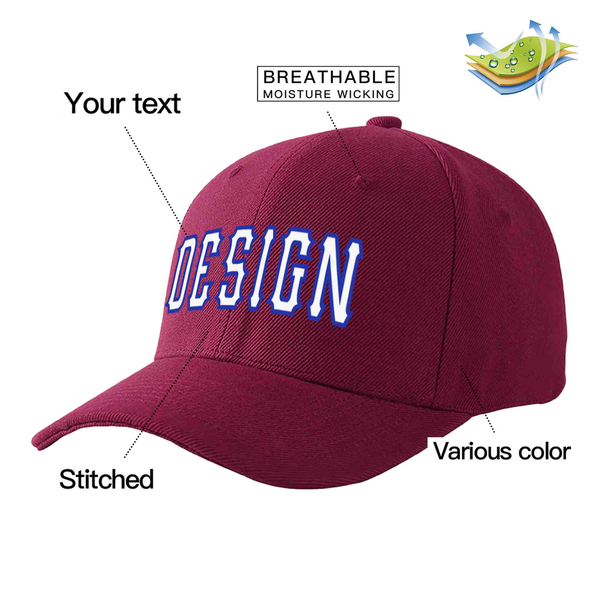 Custom Red Wine White-Royal Curved Eaves Sport Design Baseball Cap