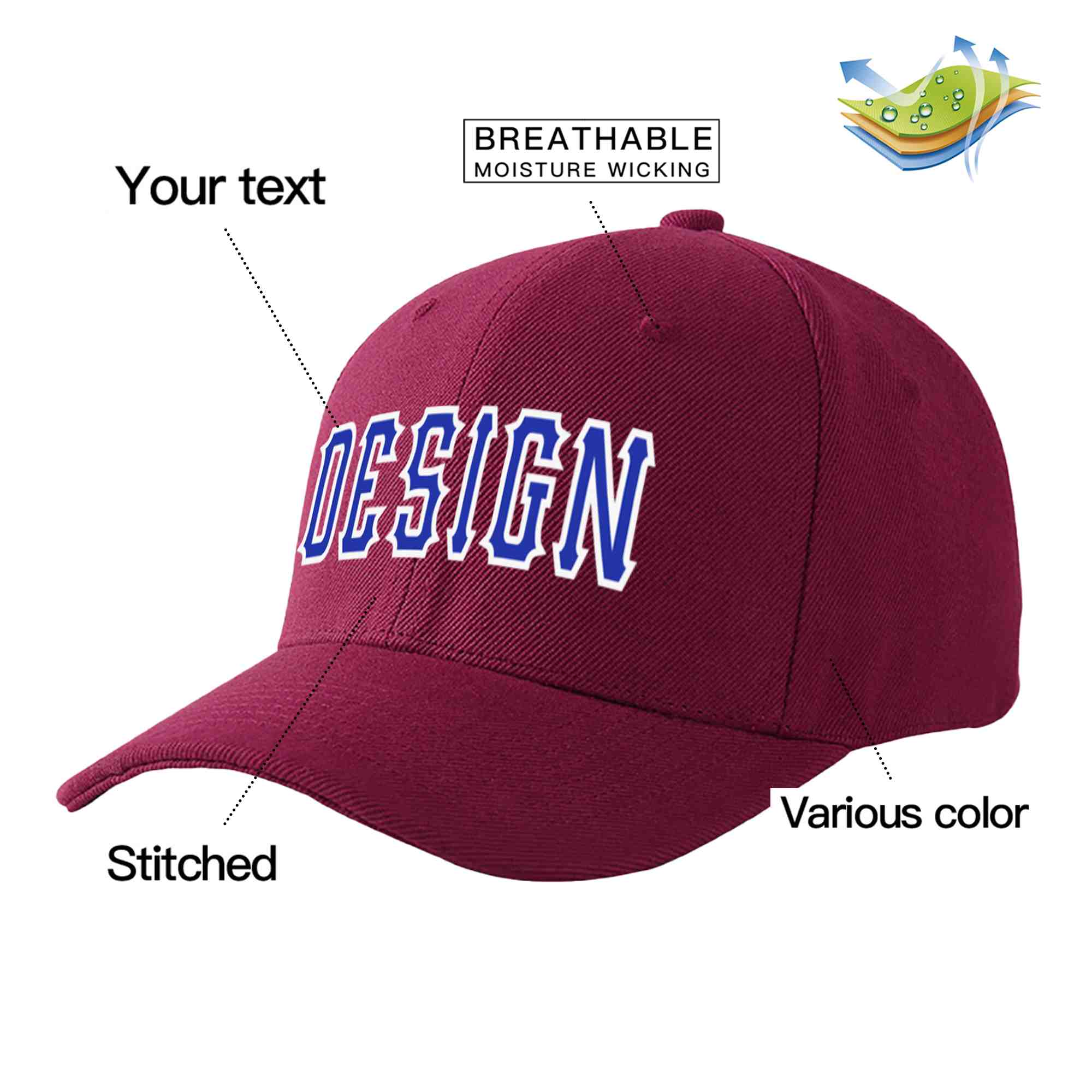 Custom Red Wine Royal-White Curved Eaves Sport Design Baseball Cap