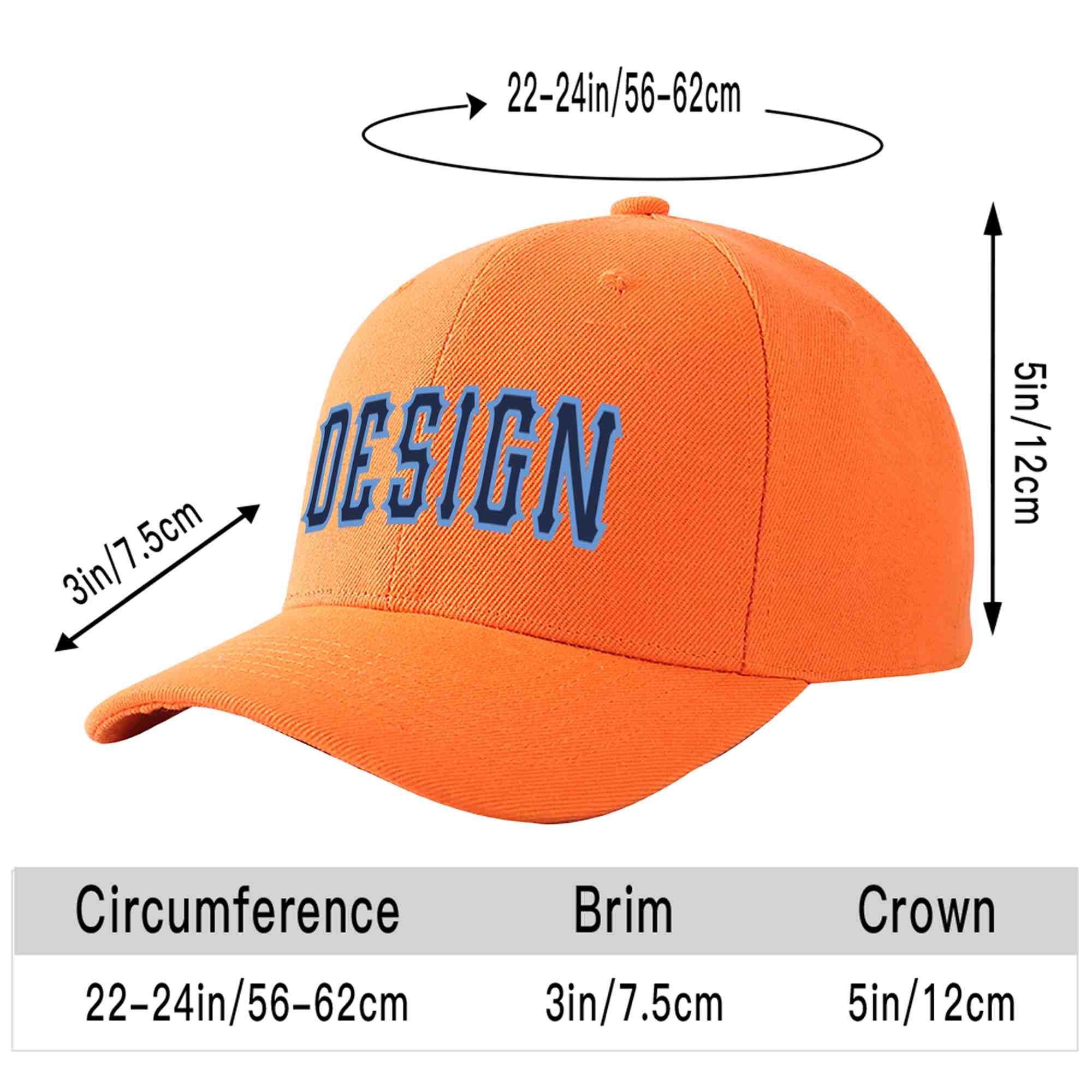 Custom Orange Navy-Light Blue Curved Eaves Sport Design Baseball Cap