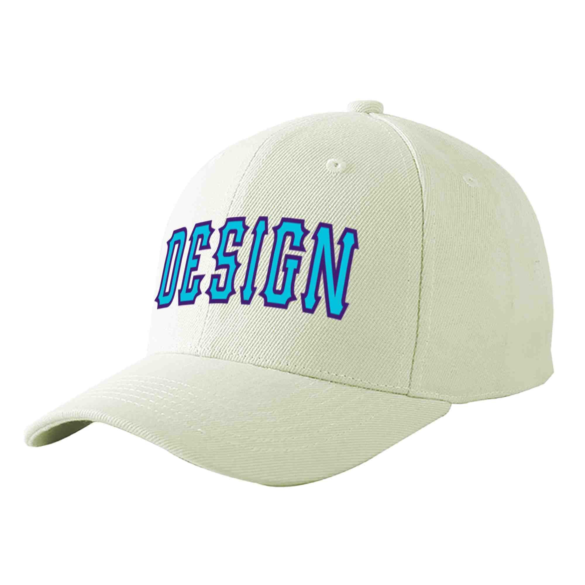 Custom Cream Light Blue-Purple Curved Eaves Sport Design Baseball Cap