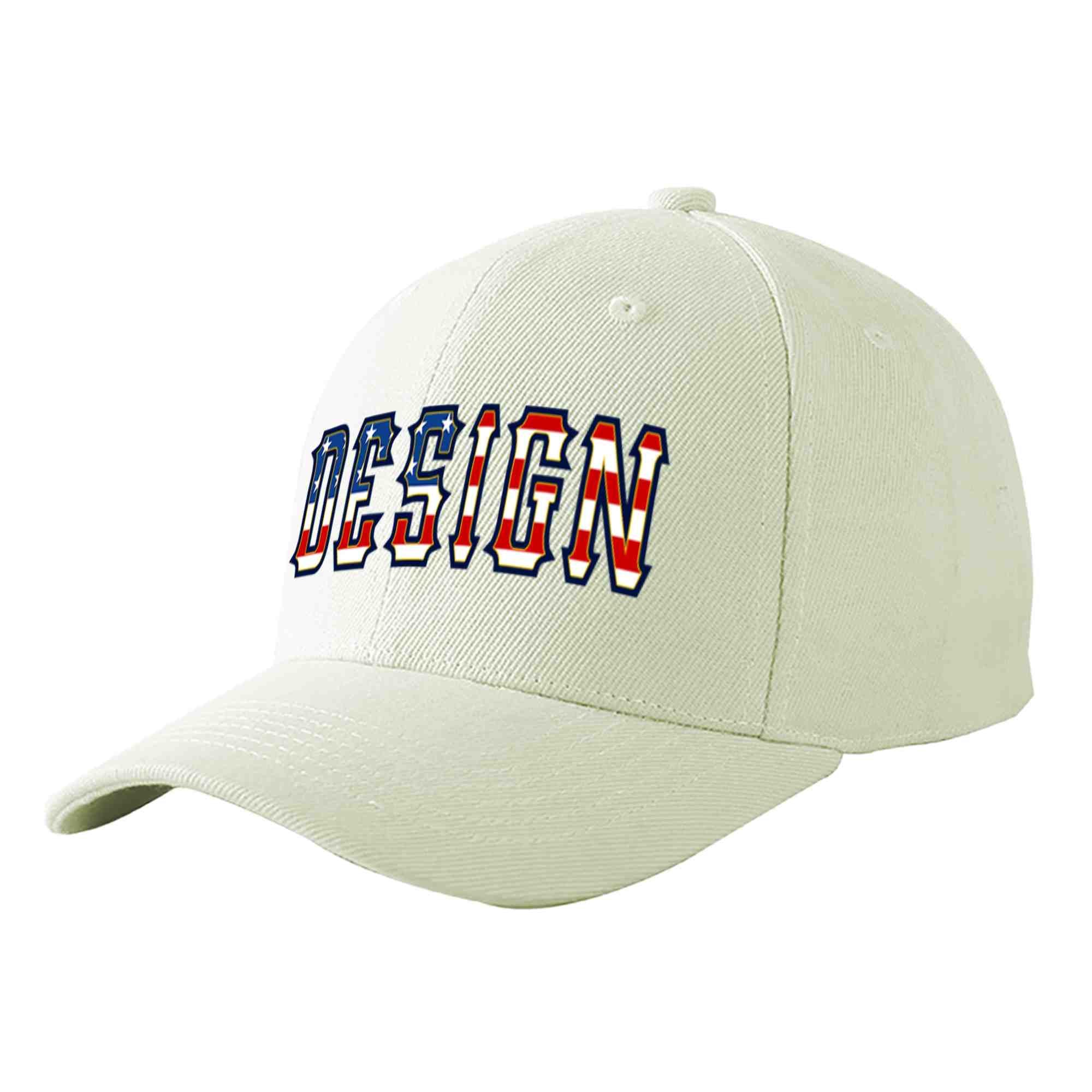 Casquette de baseball personnalisée crème vintage avec drapeau américain et avant-toit incurvé doré