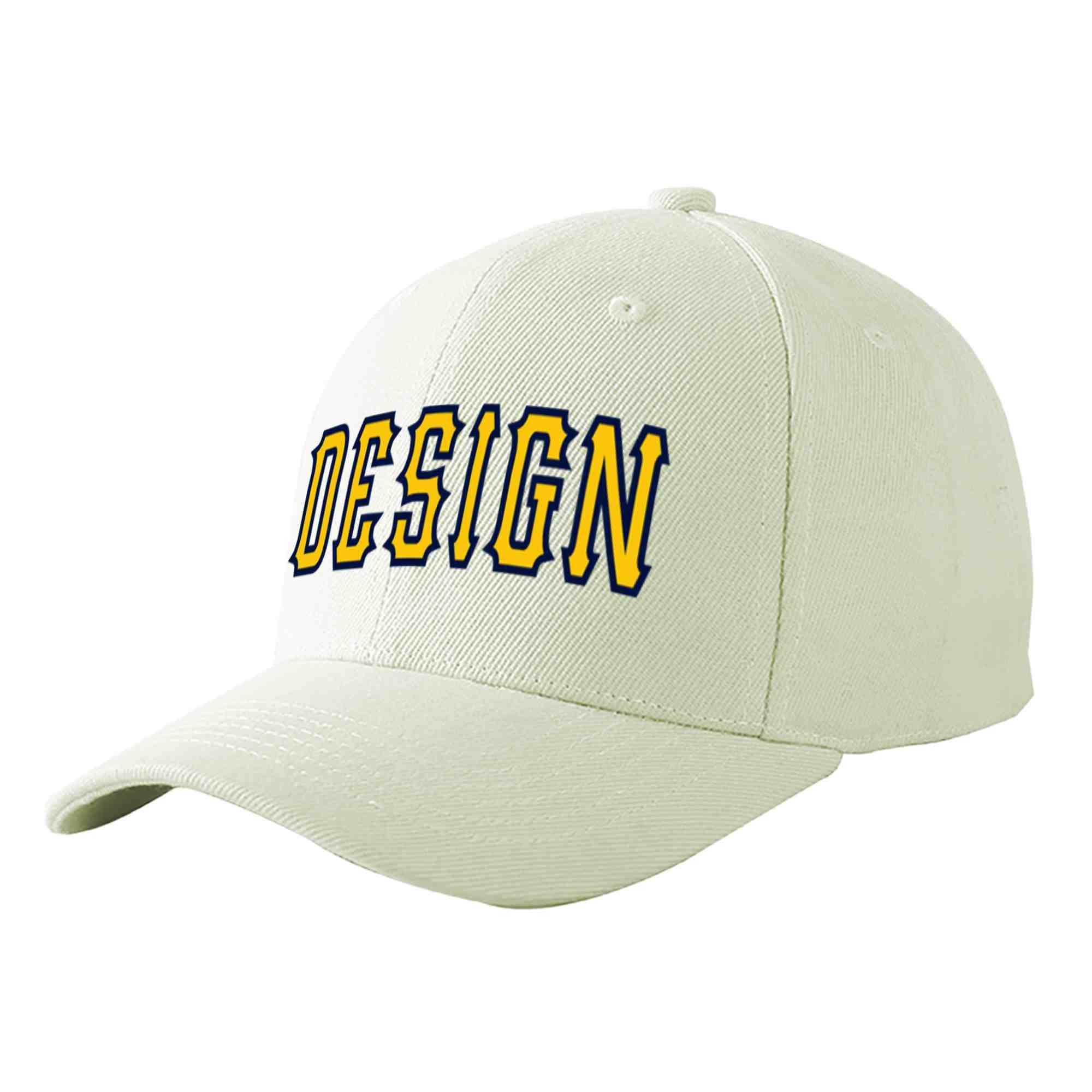 Custom Cream Gold-Navy Curved Eaves Sport Design Baseball Cap