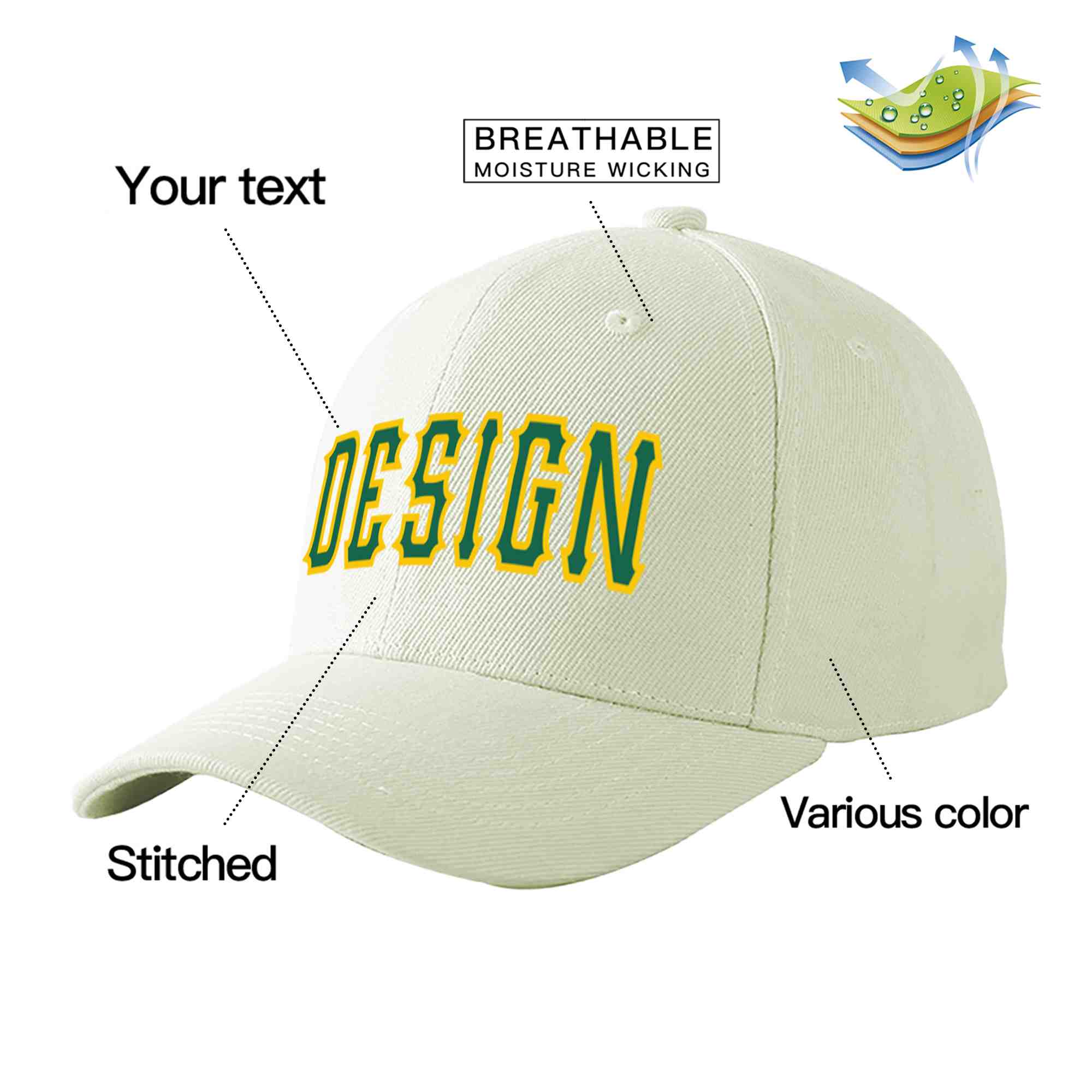 Casquette de baseball personnalisée crème Kelly vert-or courbée Eaves Sport Design