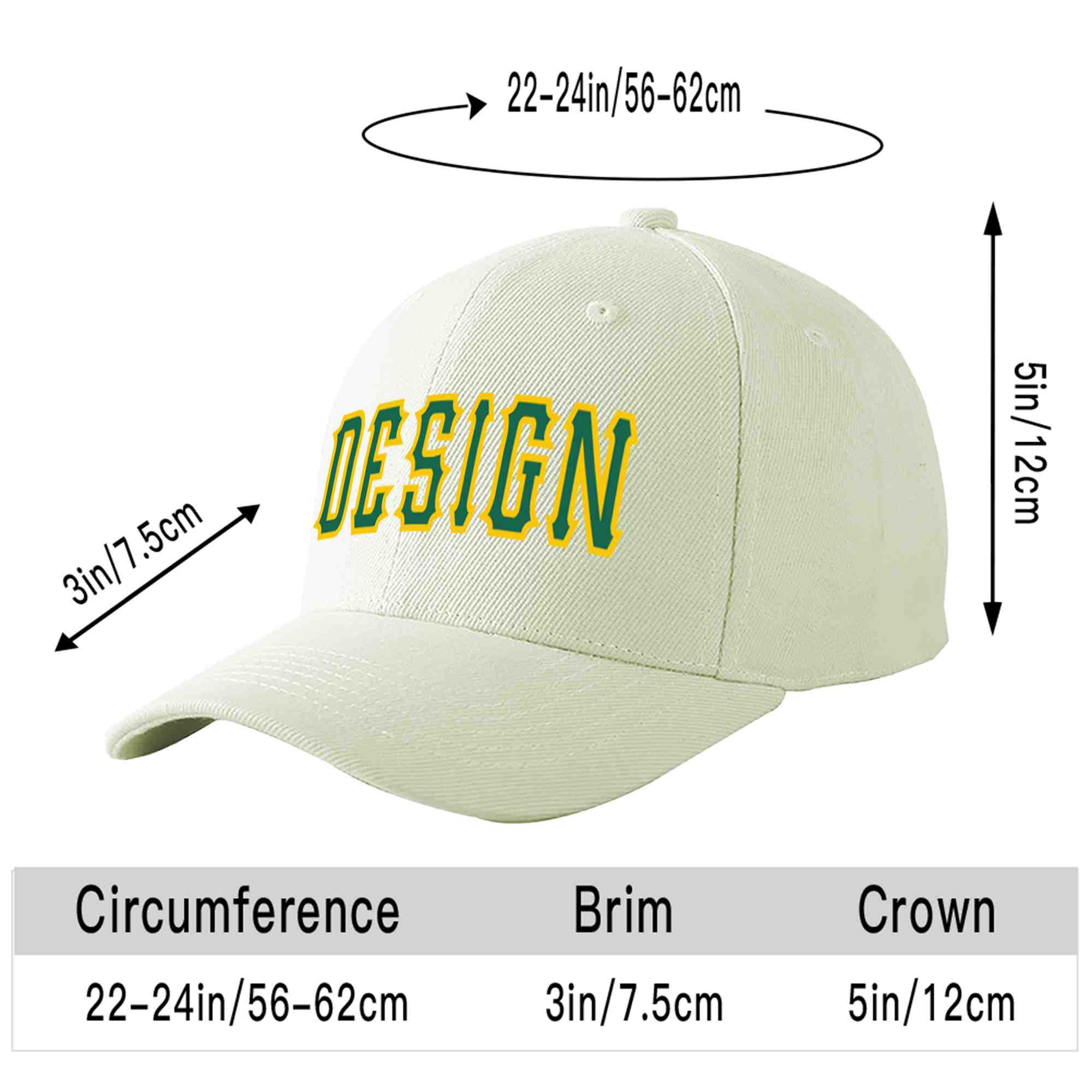 Custom Cream Kelly Green-Gold Curved Eaves Sport Design Baseball Cap