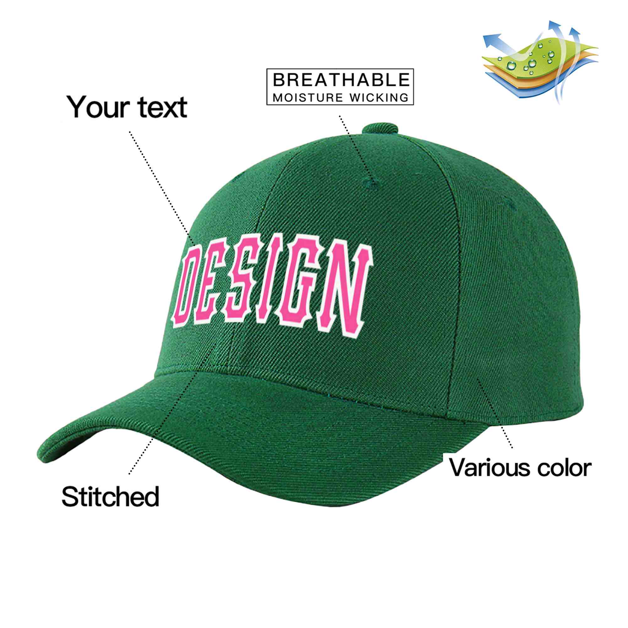 Custom Green Pink-White Curved Eaves Sport Design Baseball Cap