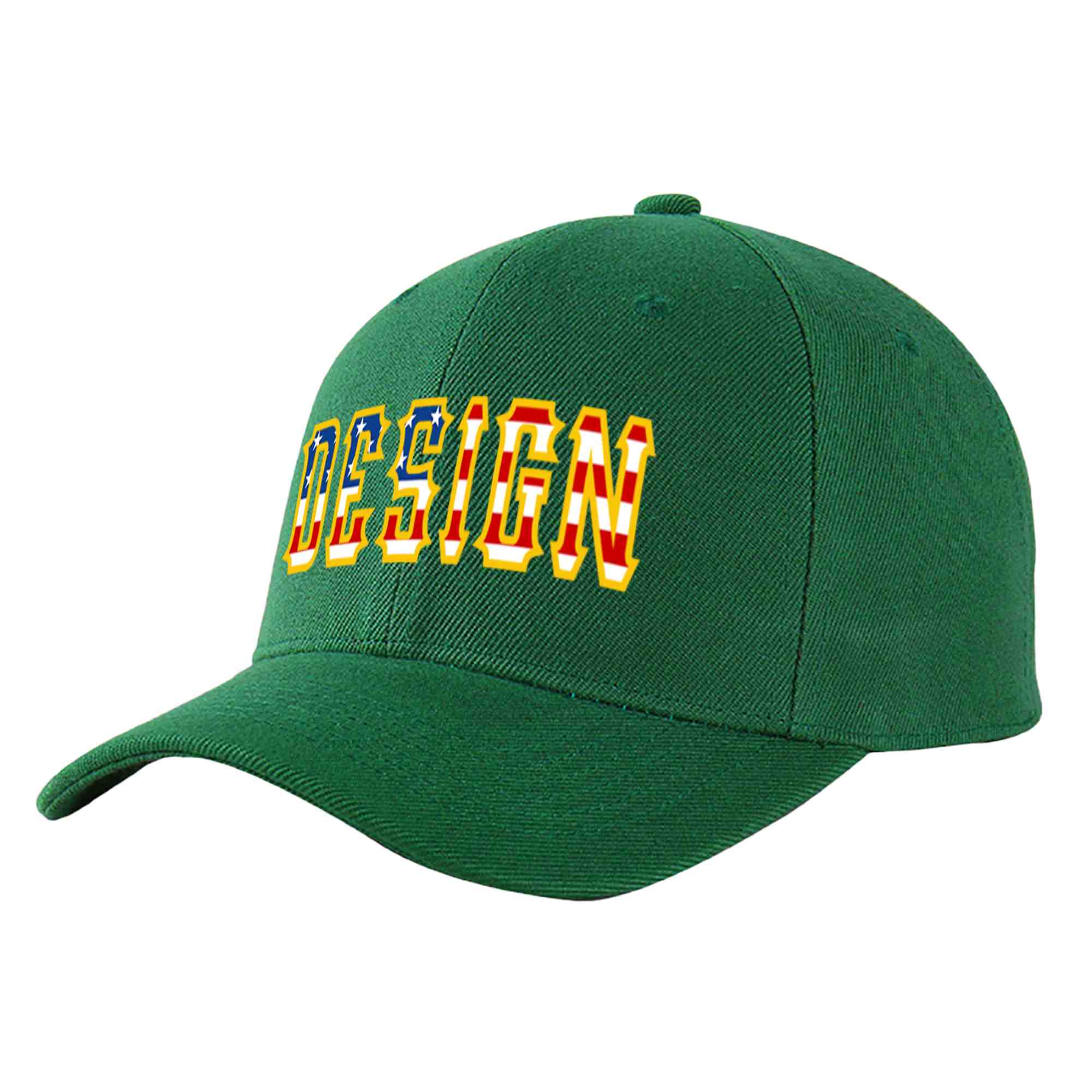 Custom Green Vintage USA Flag-Gold Curved Eaves Sport Design Baseball Cap