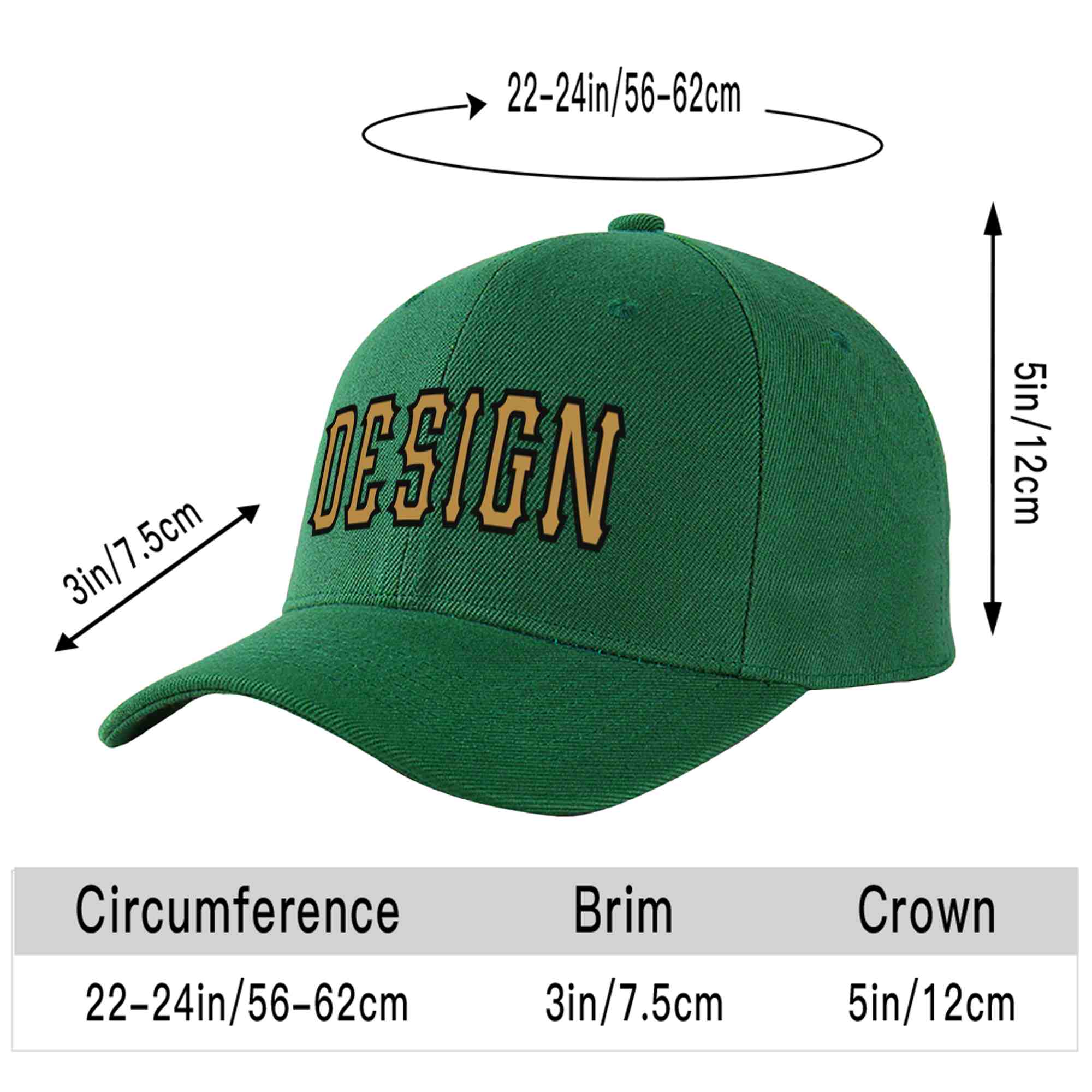 Custom Green Old Gold-Black Curved Eaves Sport Design Baseball Cap